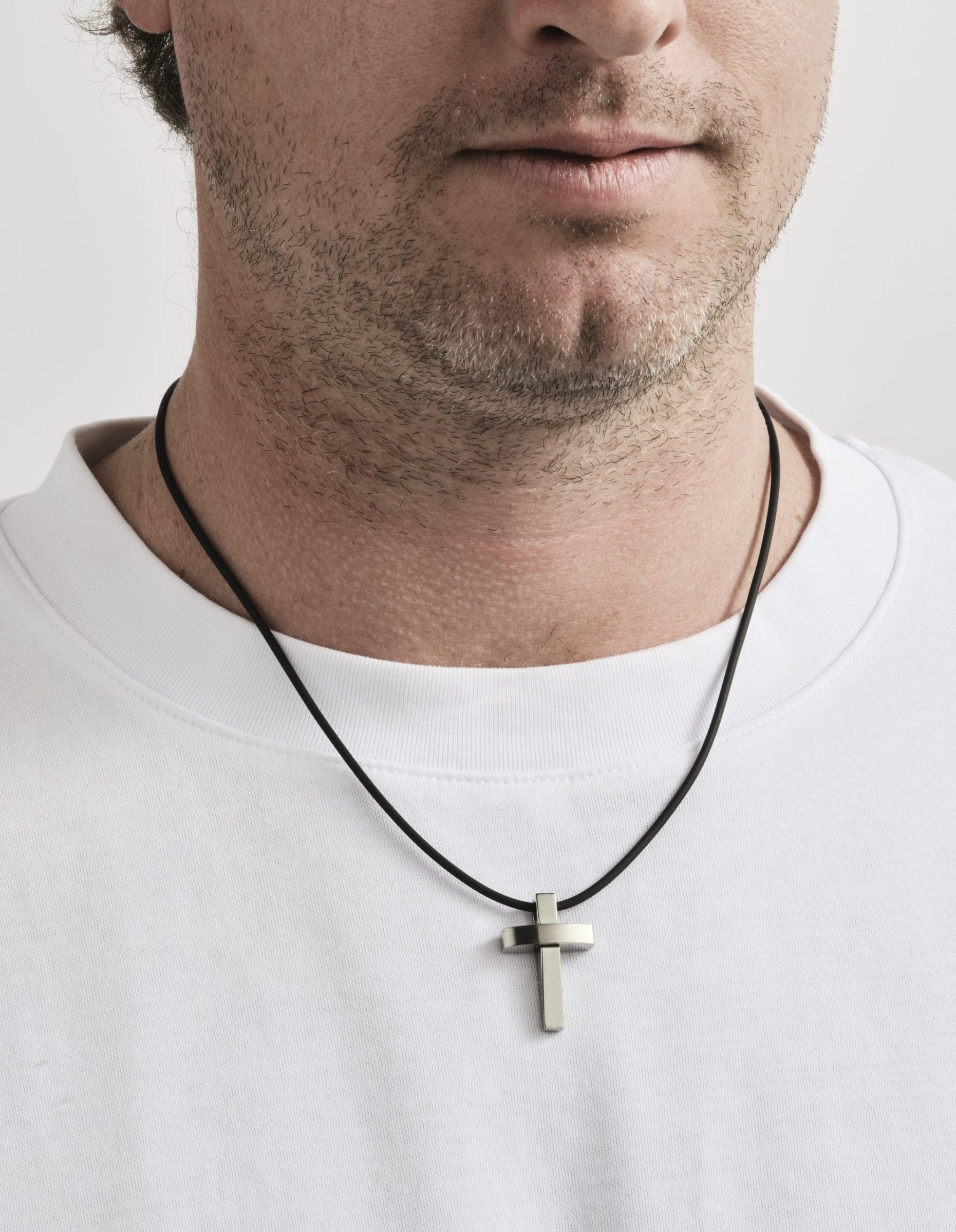 Polished Stainless Steel Cross Pendant on Rubber Chain