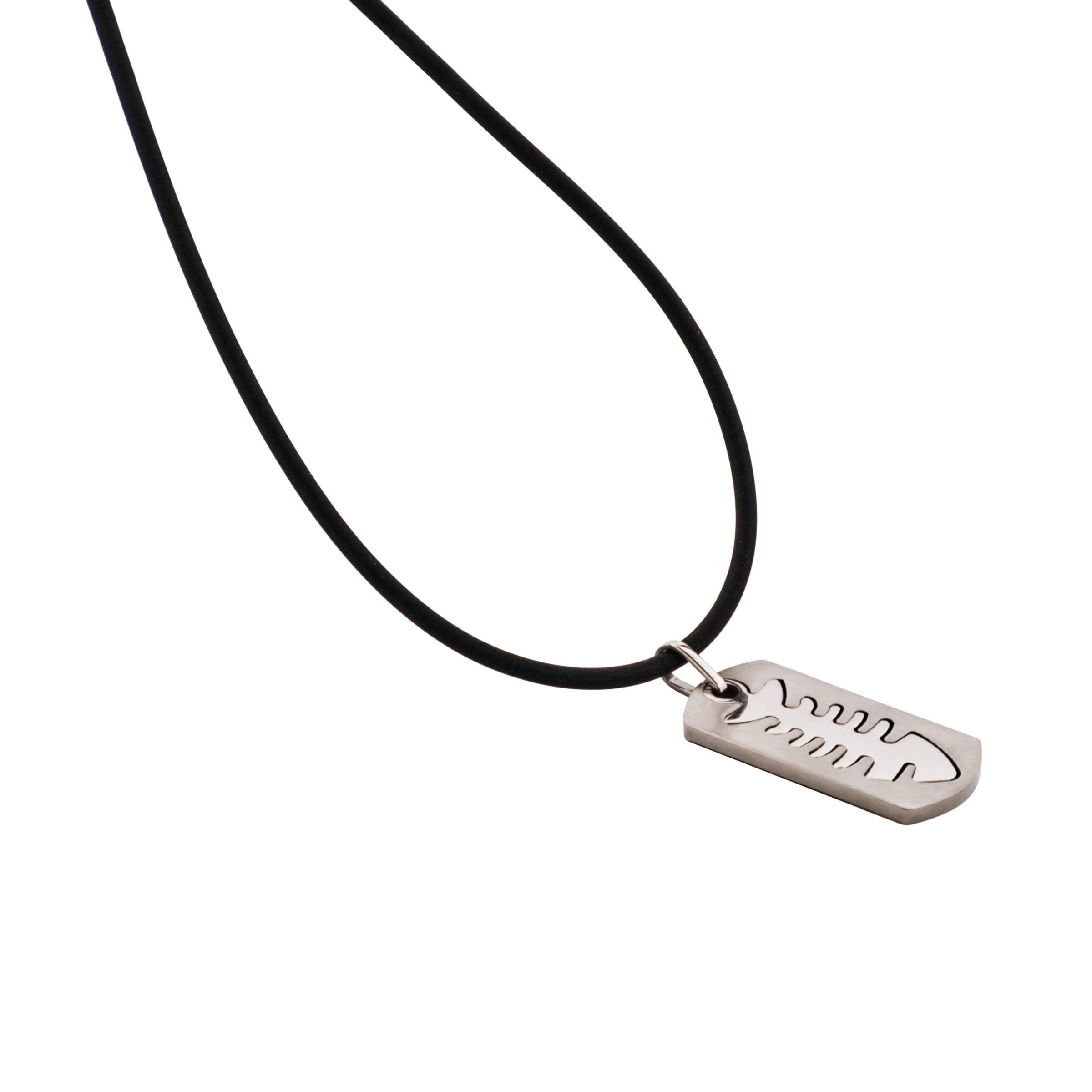 Brushed Stainless Steel Pendant with Cutout Fish Pattern on Rubber Chain