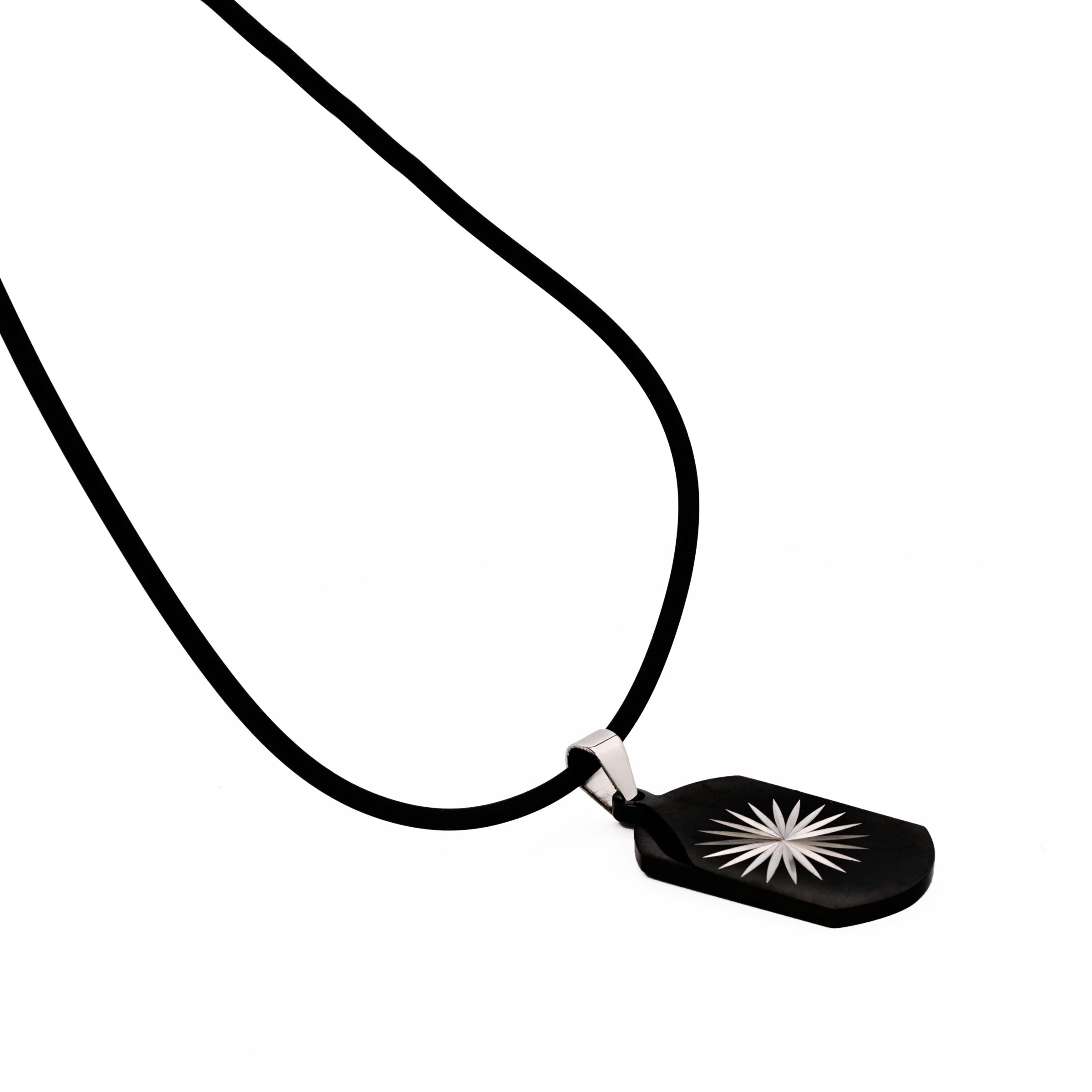 Stainless Steel Ion Plated Black Dog Tag with Star Pattern Centre on Rubber Chain