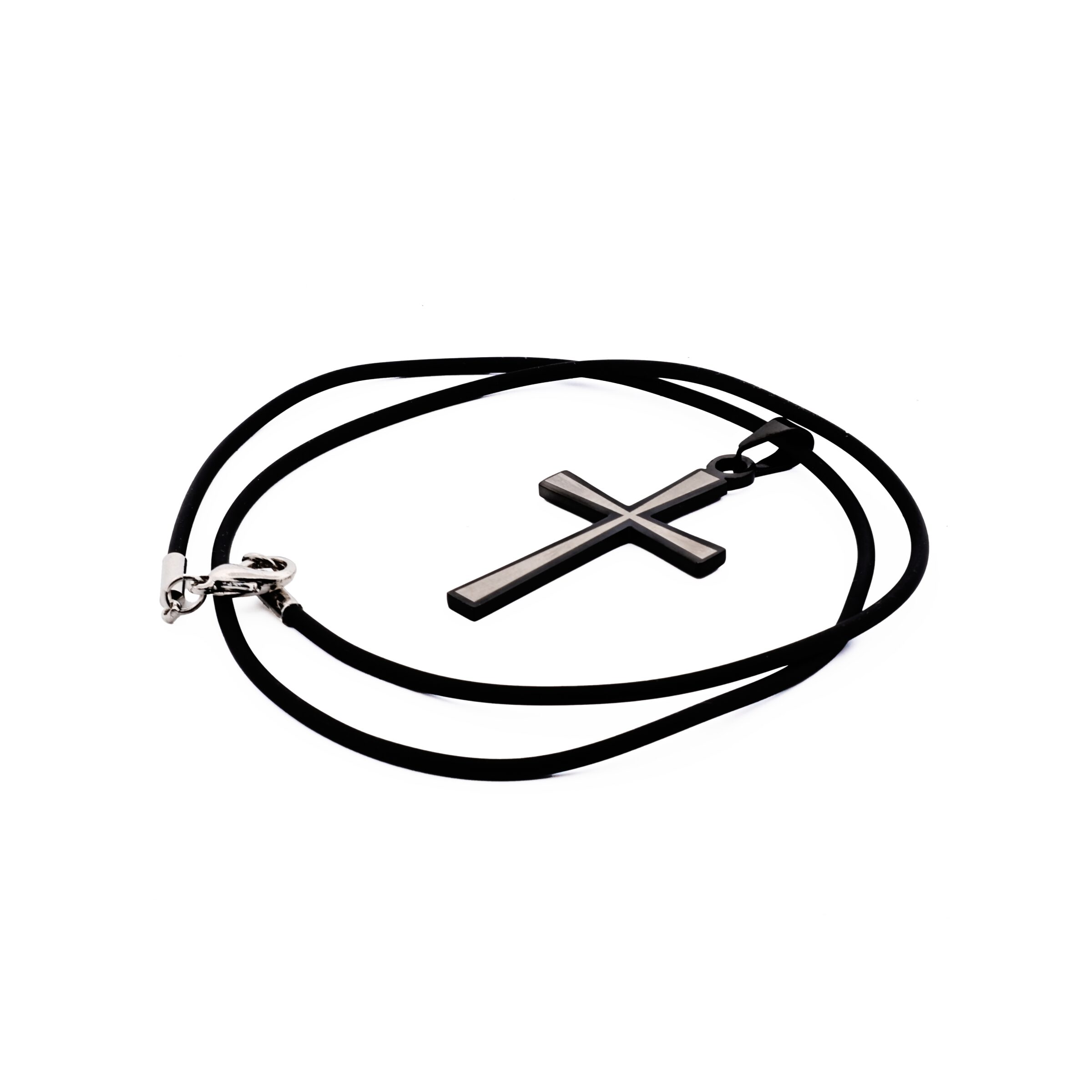 Stainless Steel & Black Cross Pendant on Rubber Chain