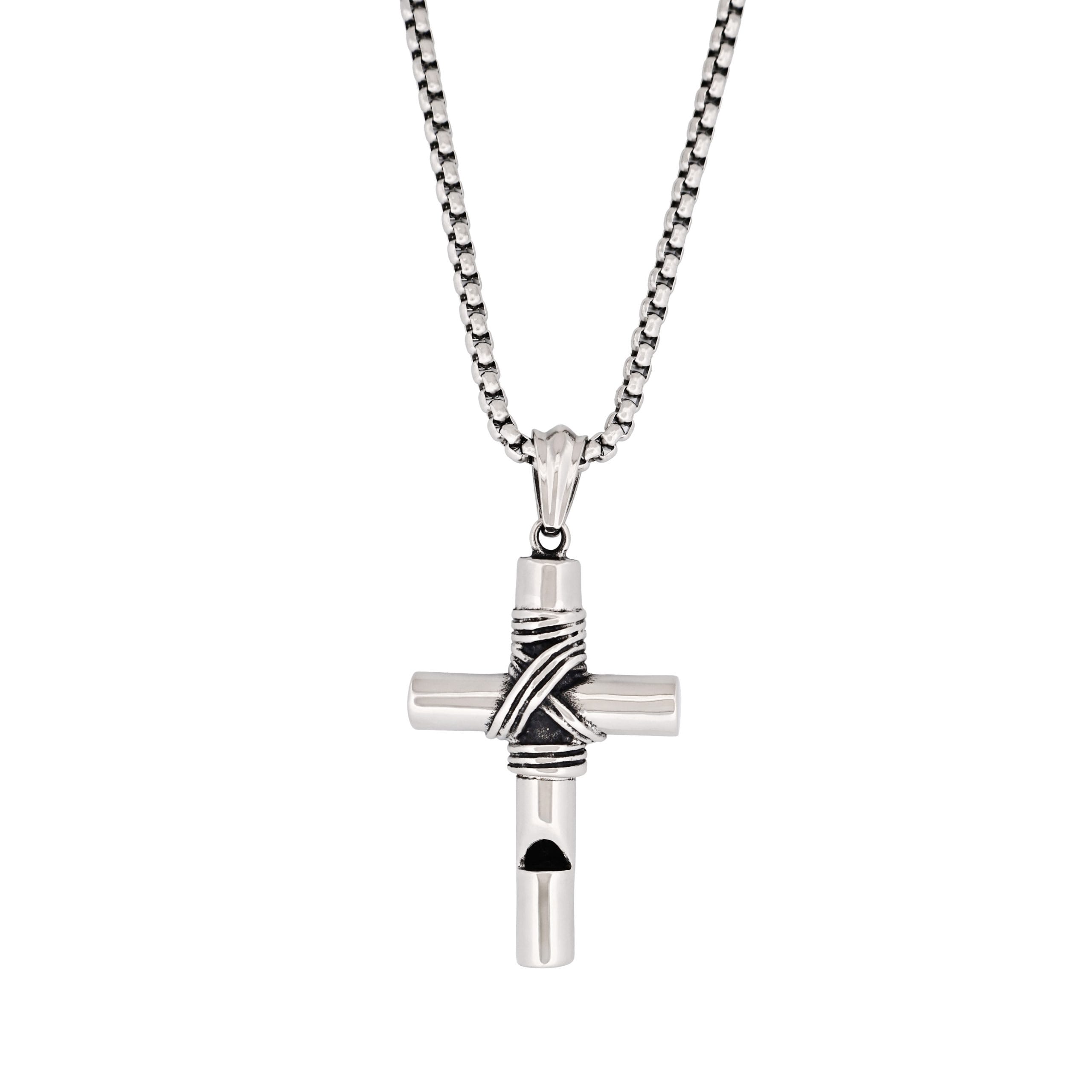 Stainless Steel & Wired Cross with Whistle - 60cm Box Chain