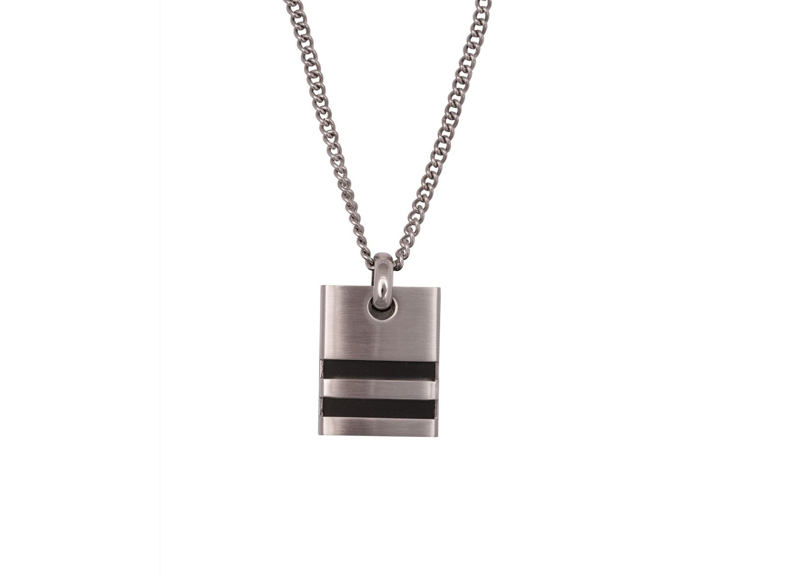 Brushed Stainless Steel Pendant with Double Horizontal Rubber Inlay on Curbed Link Chain