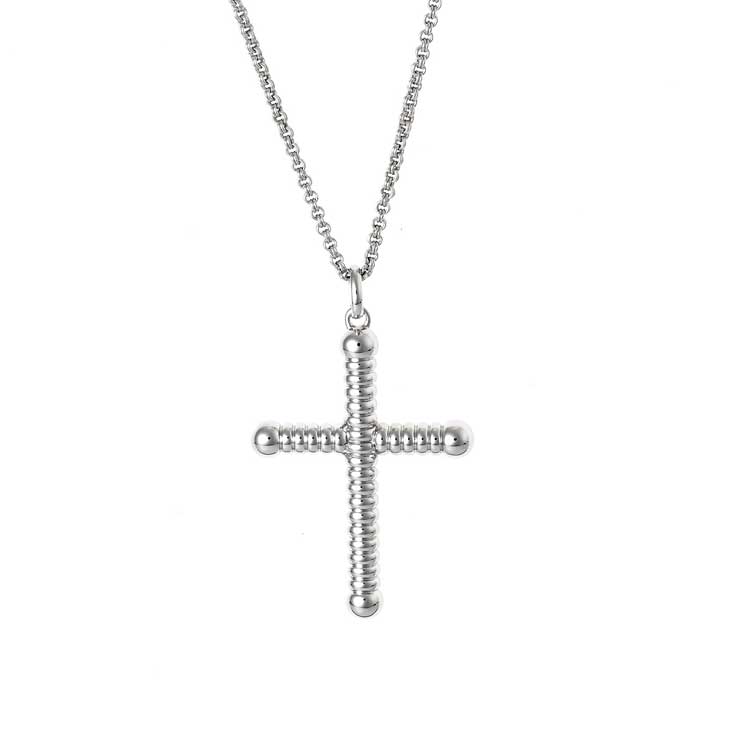 Rhodium Plated Sterling Silver Twisted Cross Pendant on Rolo Chain
