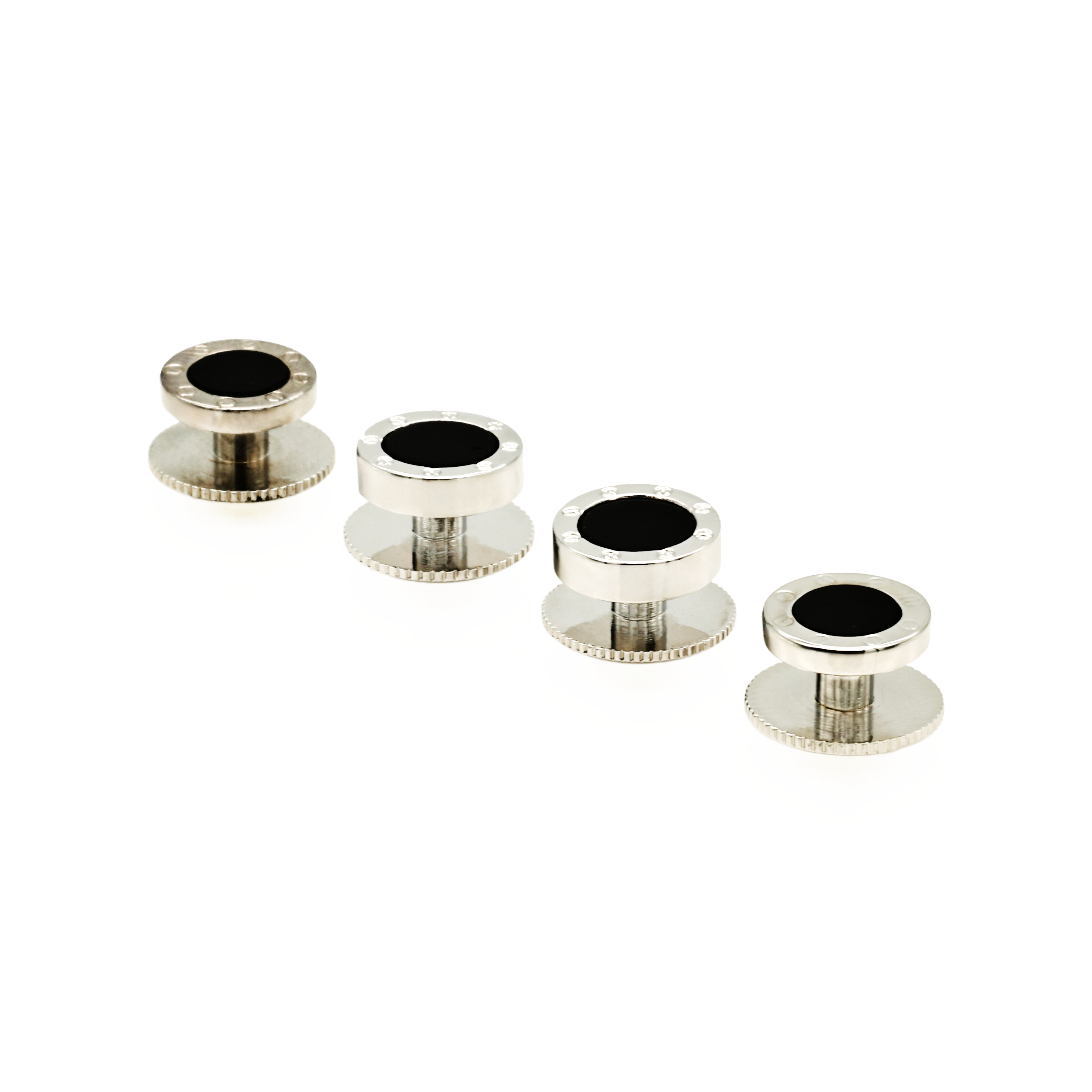 Rhodium plated and round Onyx Screw Shirt Studs (set of 4)