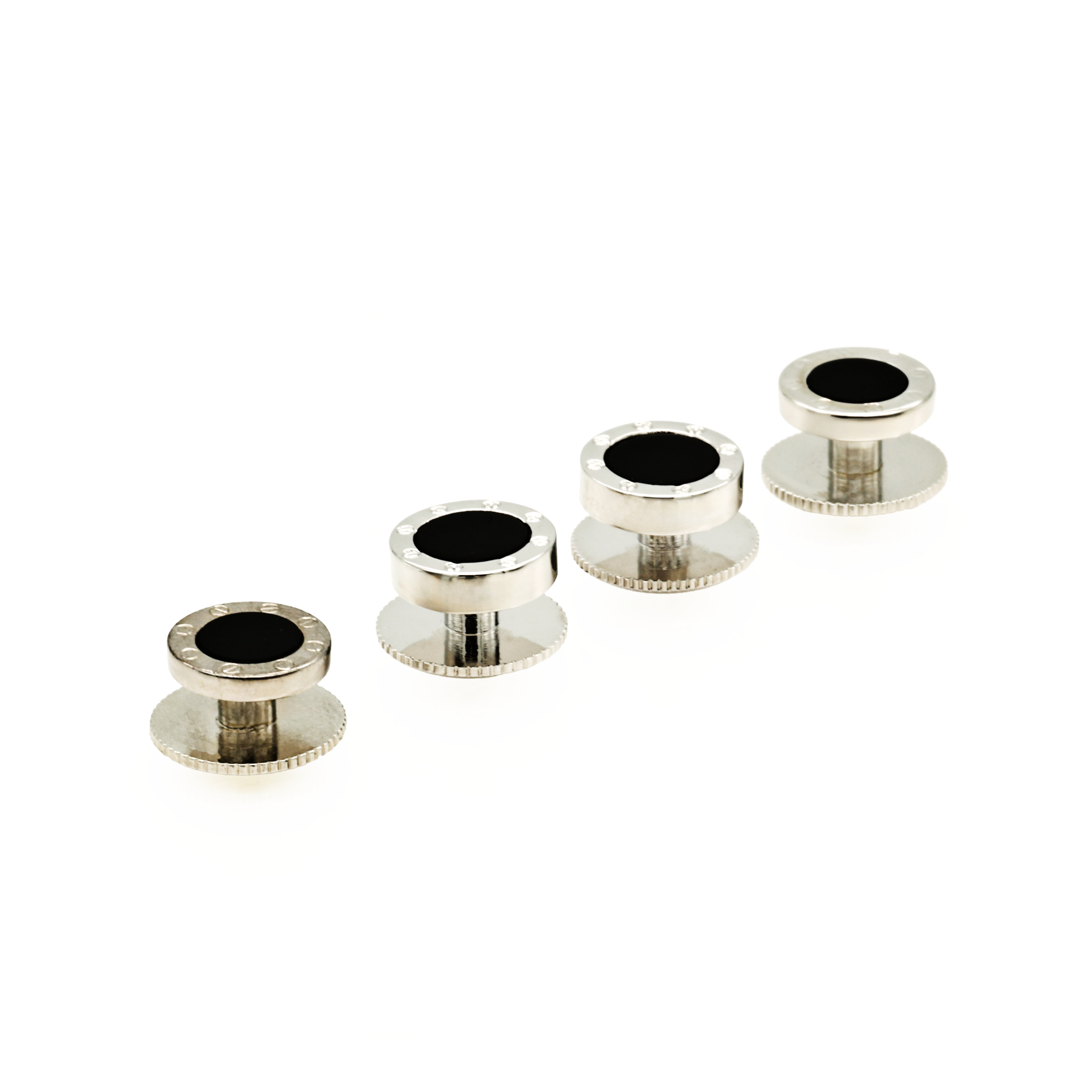 Rhodium plated and round Onyx Screw Shirt Studs (set of 4)