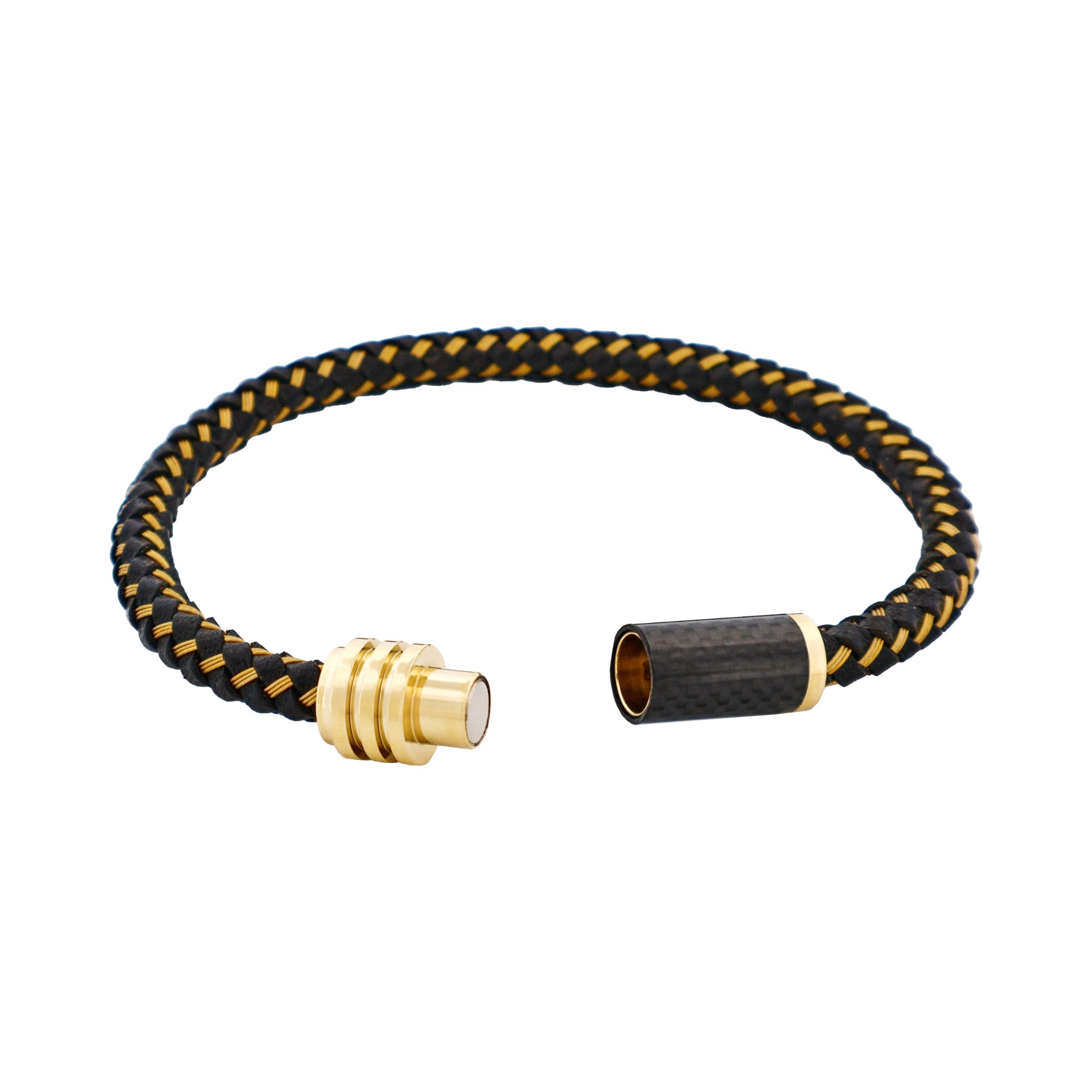 Stainless SteelIon Plated Gold & Black Leather Cable Carbon Fibre Bracelet