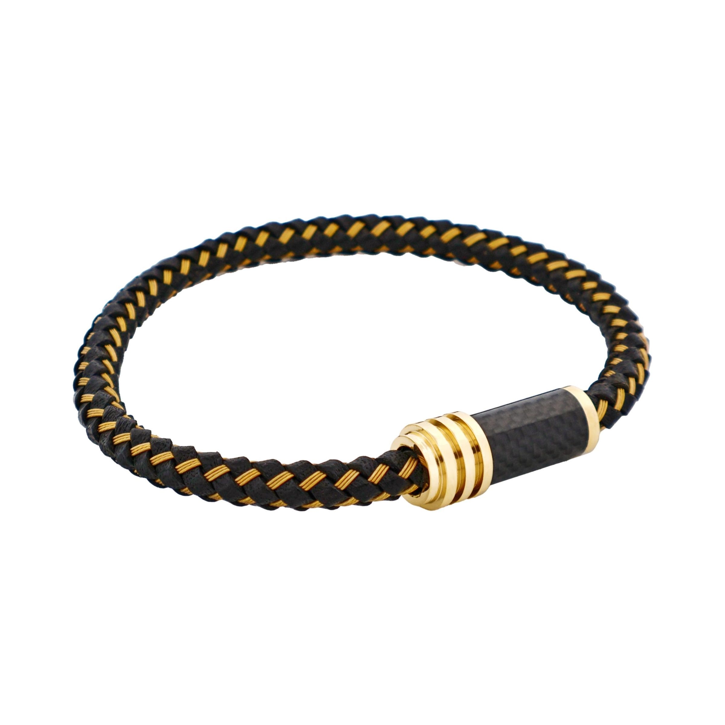 Stainless SteelIon Plated Gold & Black Leather Cable Carbon Fibre Bracelet