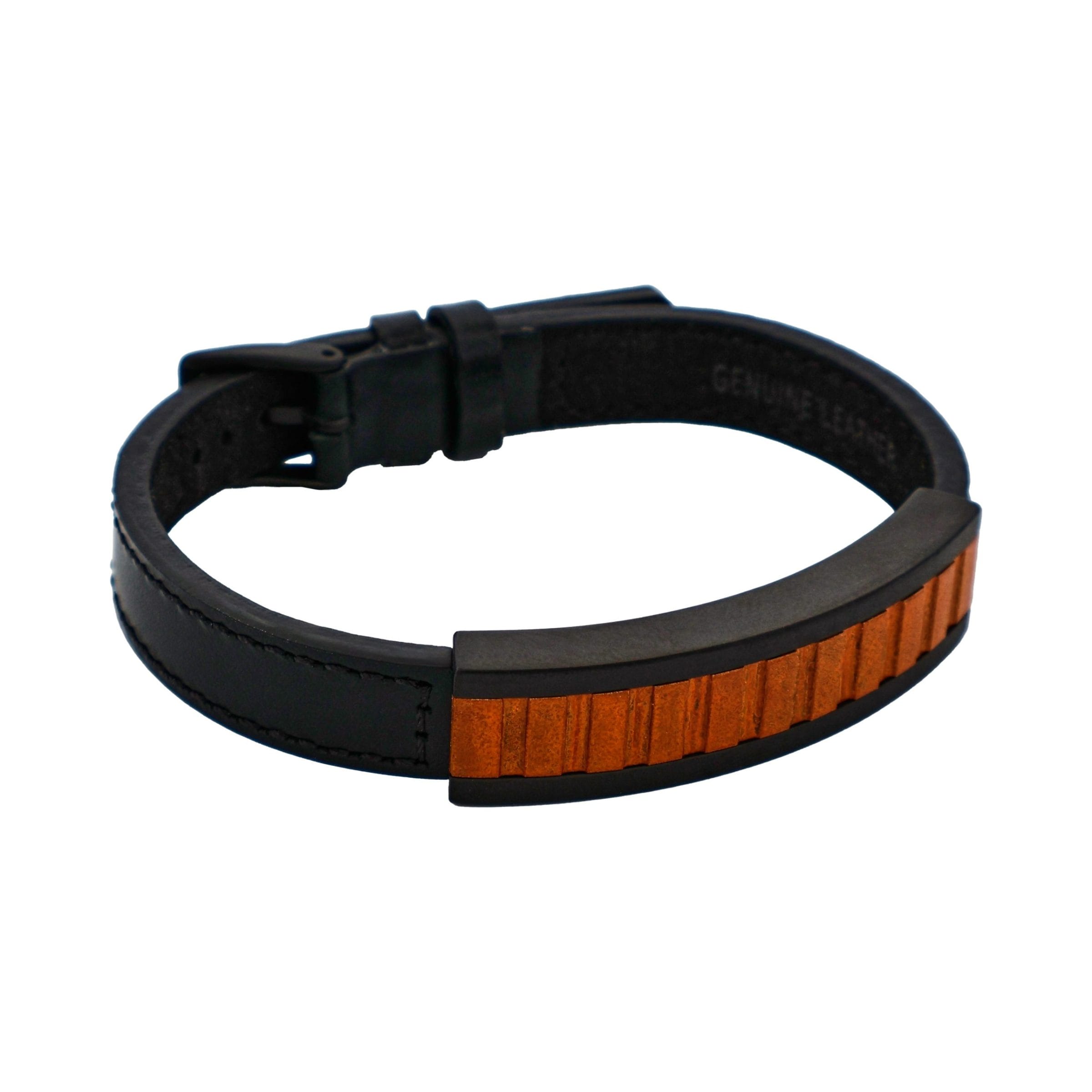 Ion Plated Antique Black Stainless Steel Bracelet with Rusted Steel Inlay on Adjustable Leather Strap