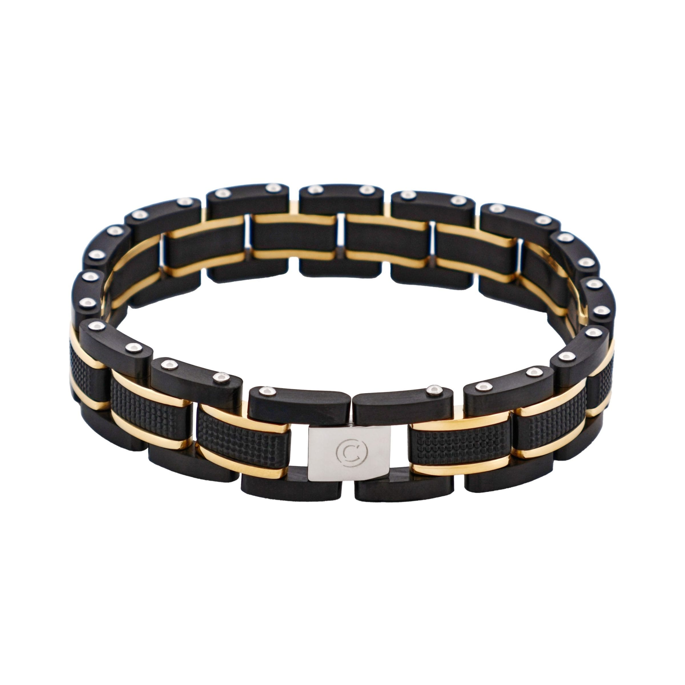 Stainless Steel & Ion Plated Black &Ion Plated 14k Gold Link Bracelet