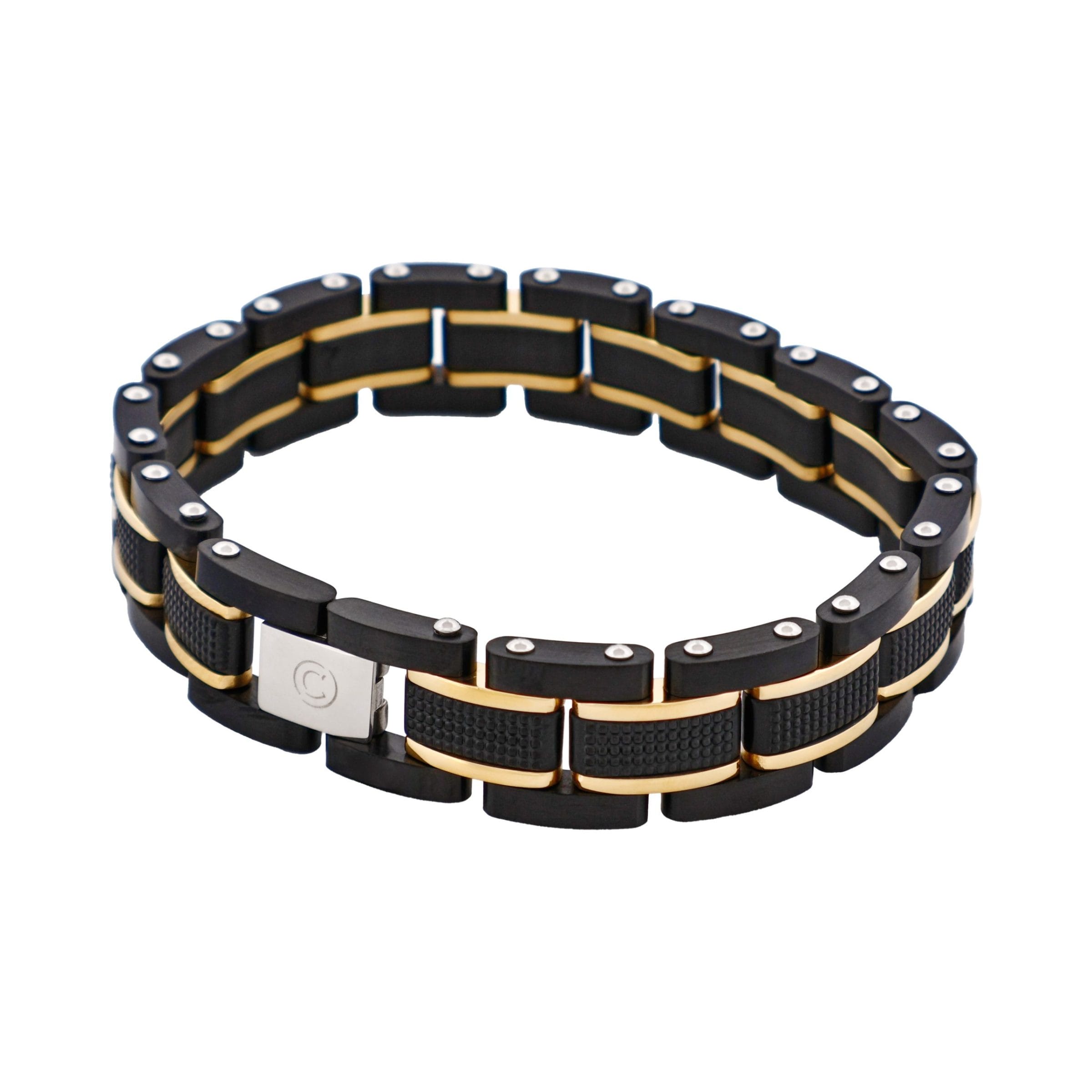 Stainless Steel & Ion Plated Black &Ion Plated 14k Gold Link Bracelet
