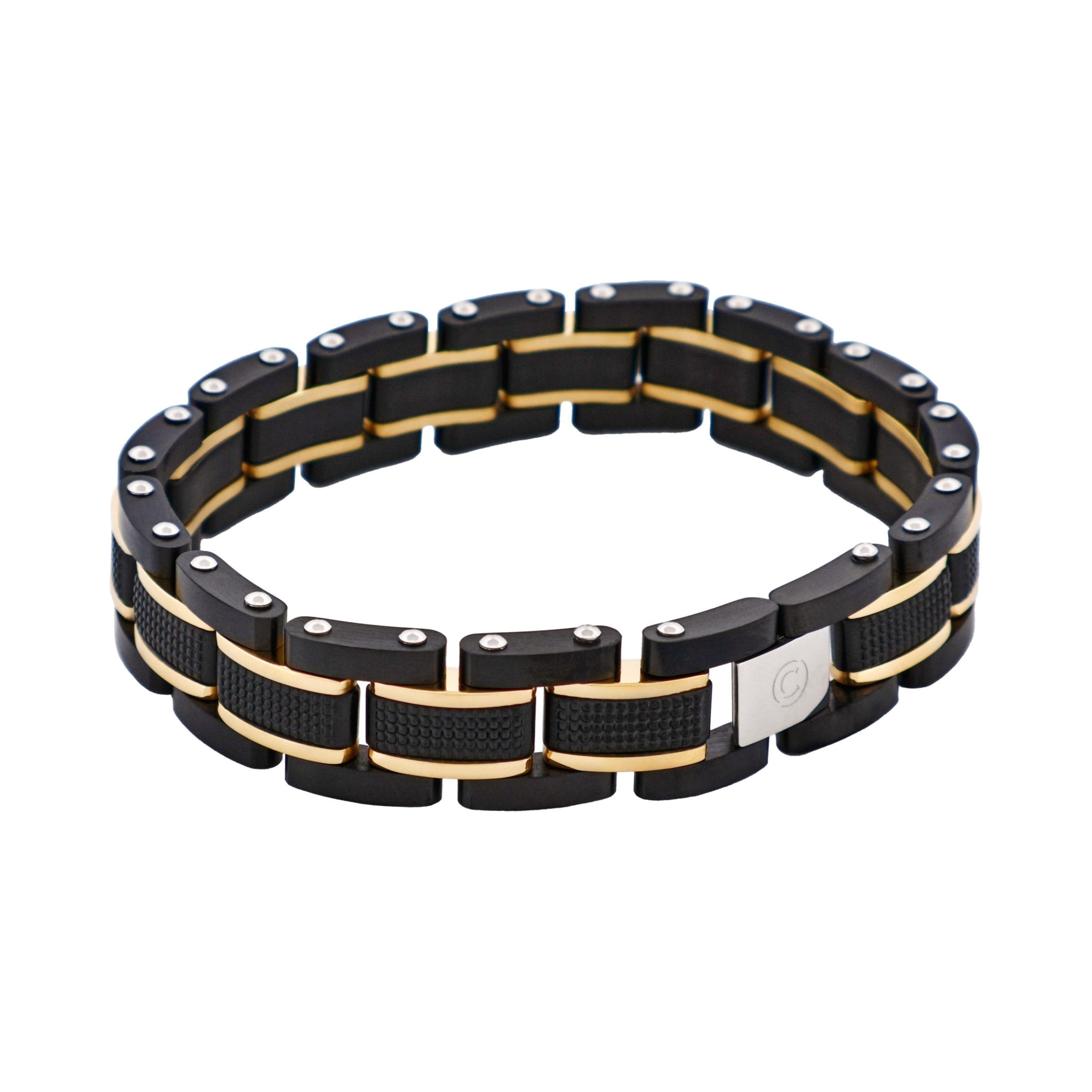 Stainless Steel & Ion Plated Black &Ion Plated 14k Gold Link Bracelet