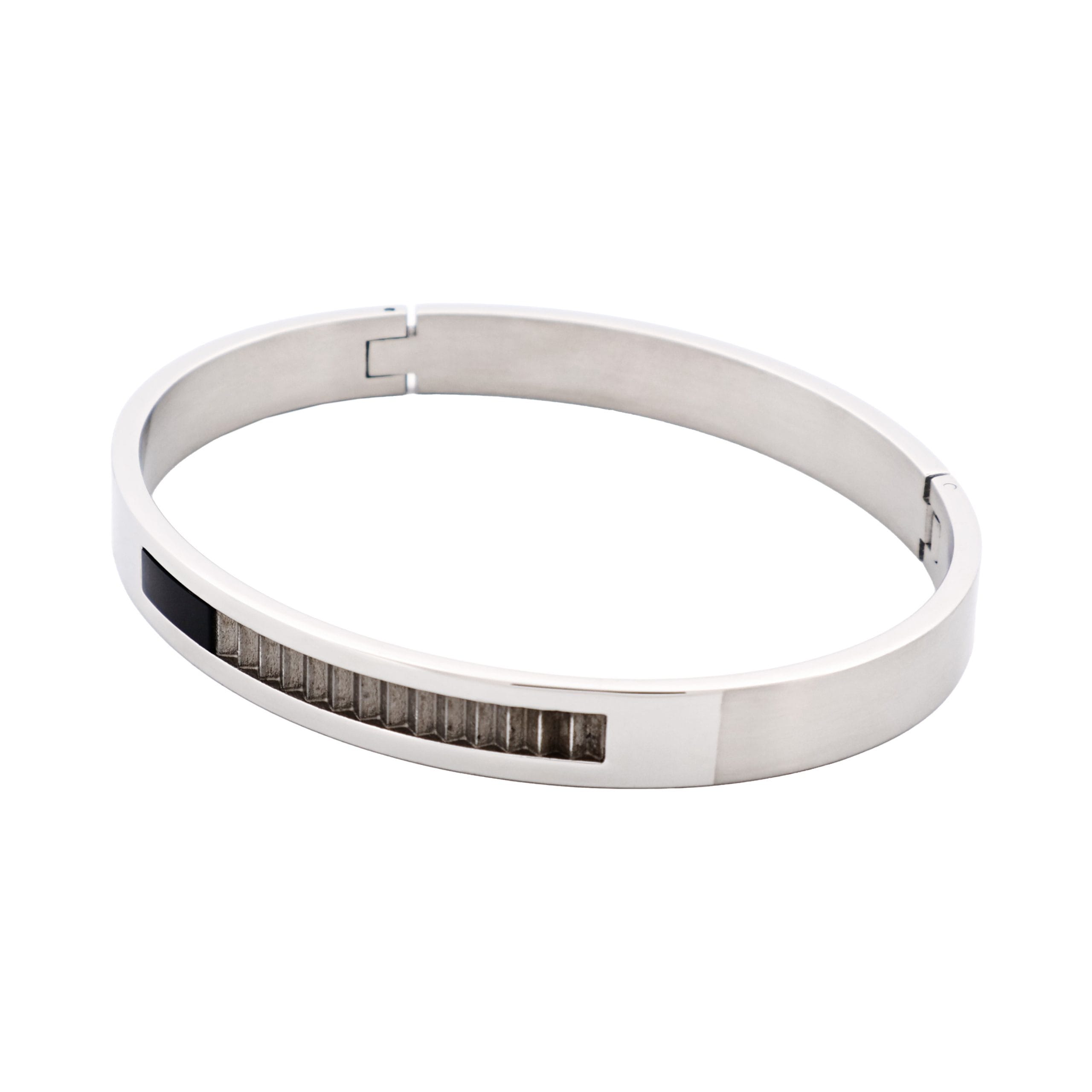 Brushed & Polished Stainless Steel Bangle with Onyx & A Raw Corrugated Inlay