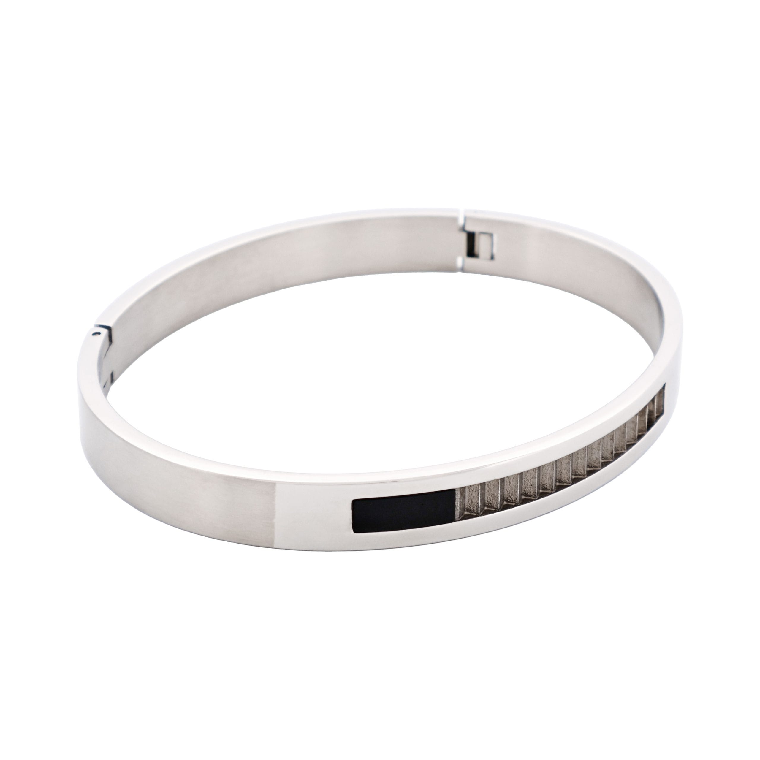 Brushed & Polished Stainless Steel Bangle with Onyx & A Raw Corrugated Inlay
