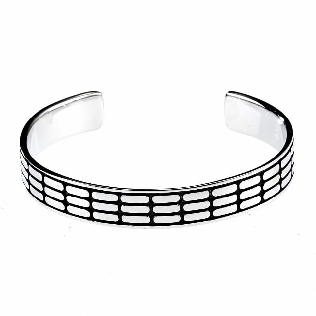 Polished Rhodium Plated Sterling Silver and Black Enamel Rectangle Bangle/Cuff with Vertical Tile Pattern