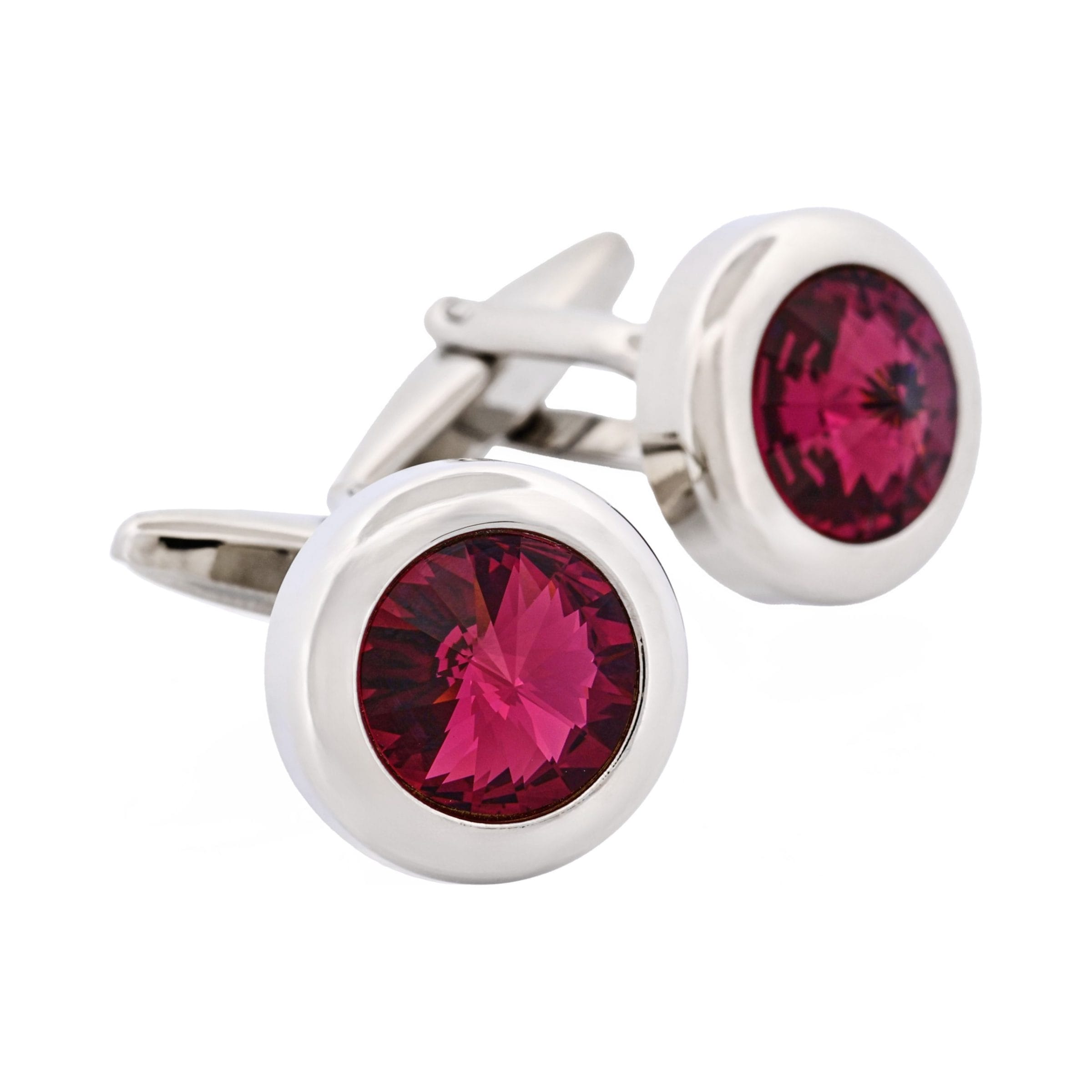 Rhodium Plated & Rose Quartz Crystal Round Cufflinks
