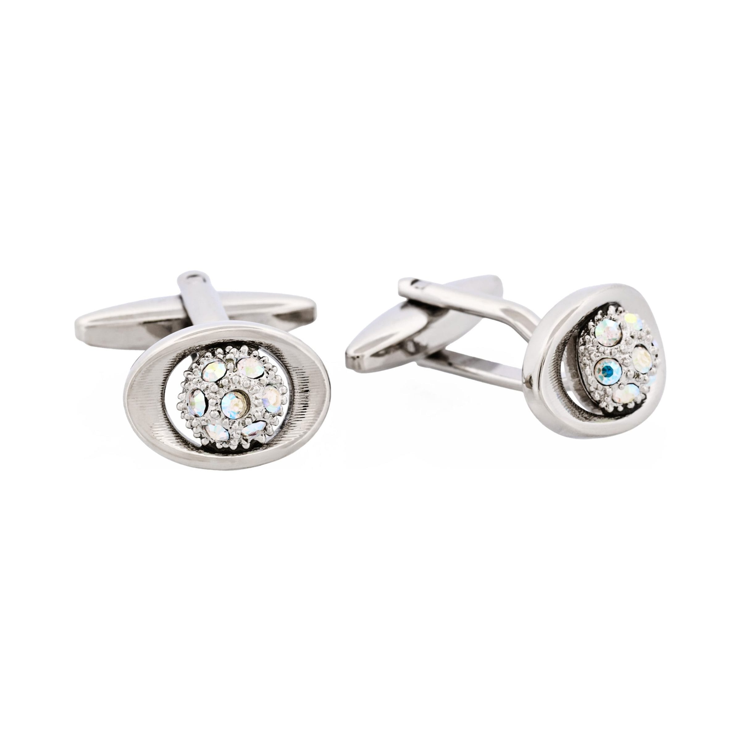 Polished Rhodium Oval Crystal Cufflinks