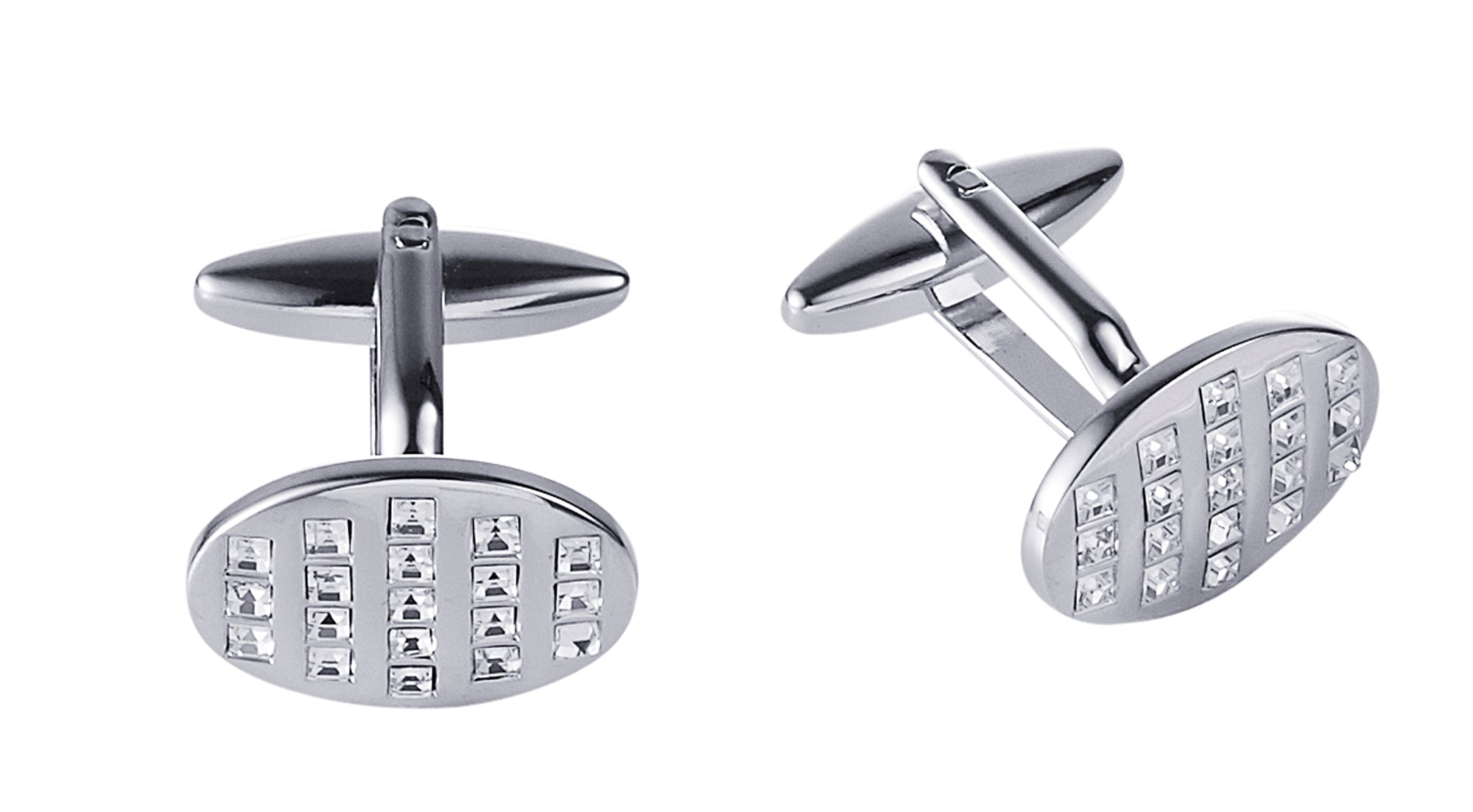 Rhodium Plated Oval Crystal Cufflinks