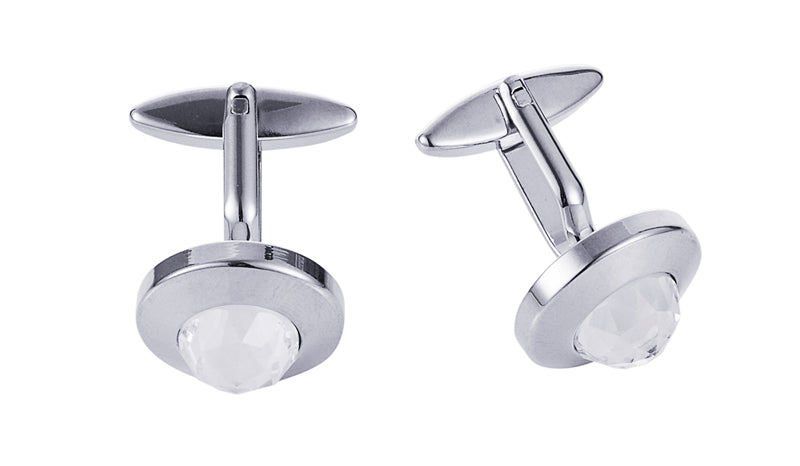 Rhodium Plated Round Crystal Cufflinks