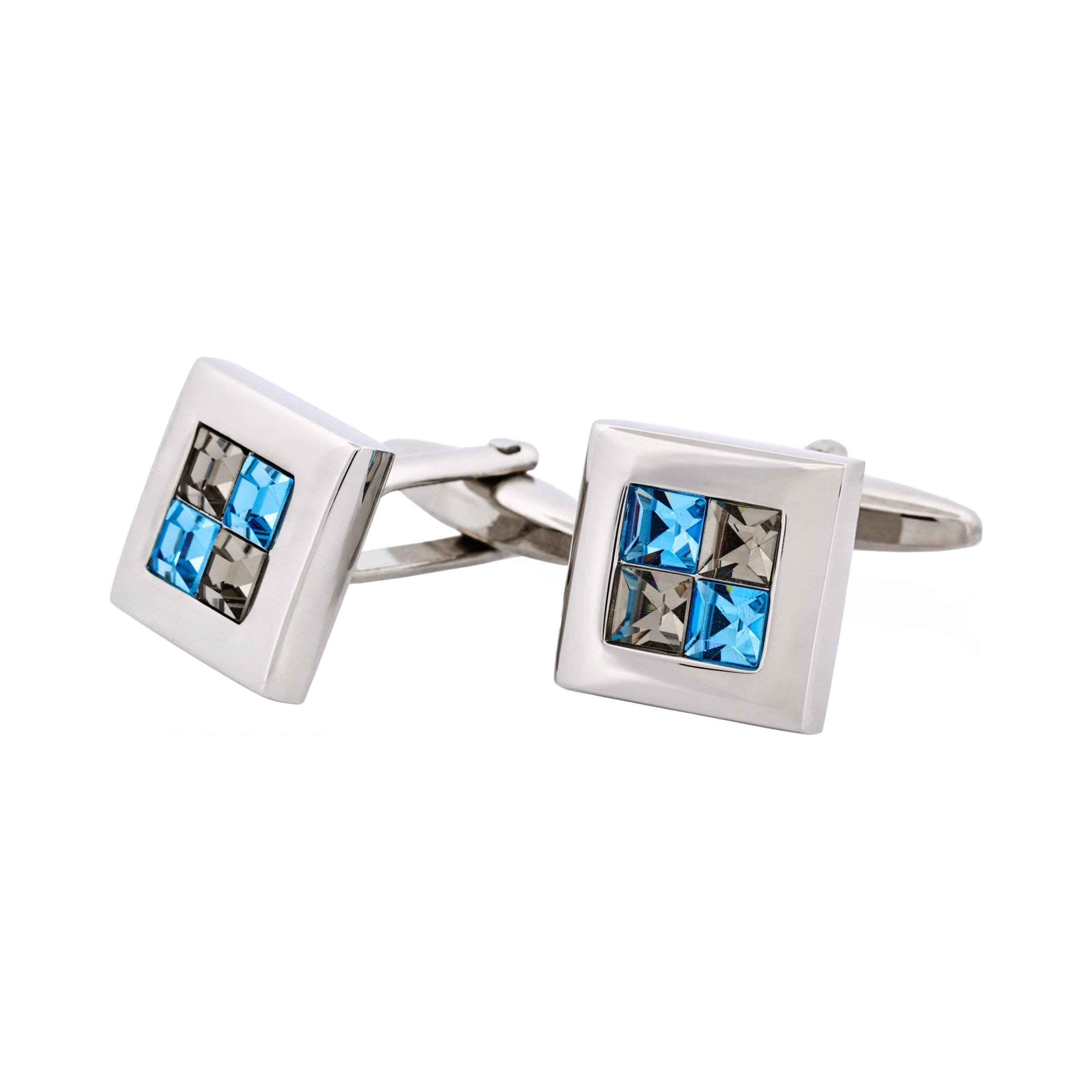 Rhodium Plated Black Diamond & Aquamarine Crystal Check Cufflinks