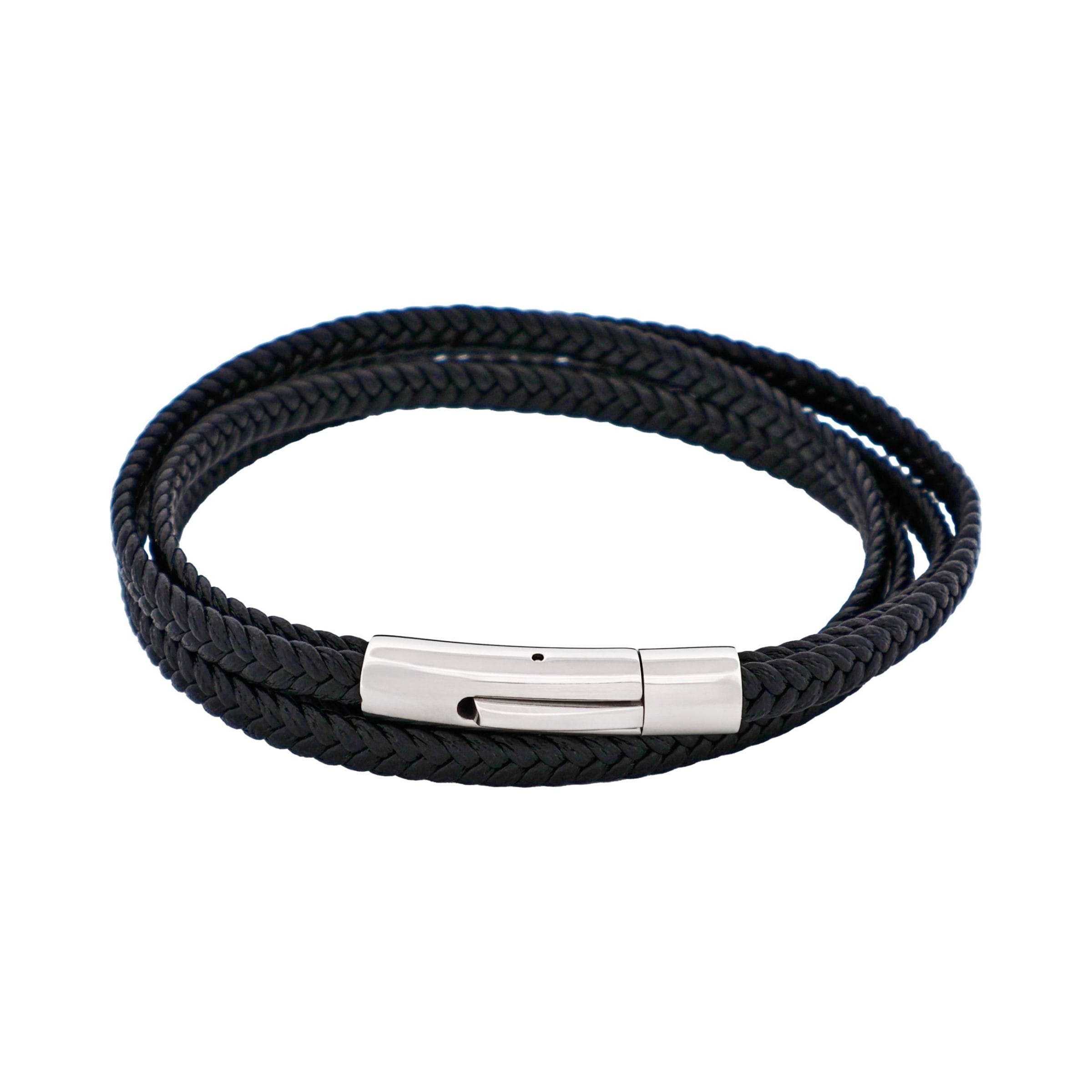 Stainless Steel & Black Leather Double Strand Bracelet
