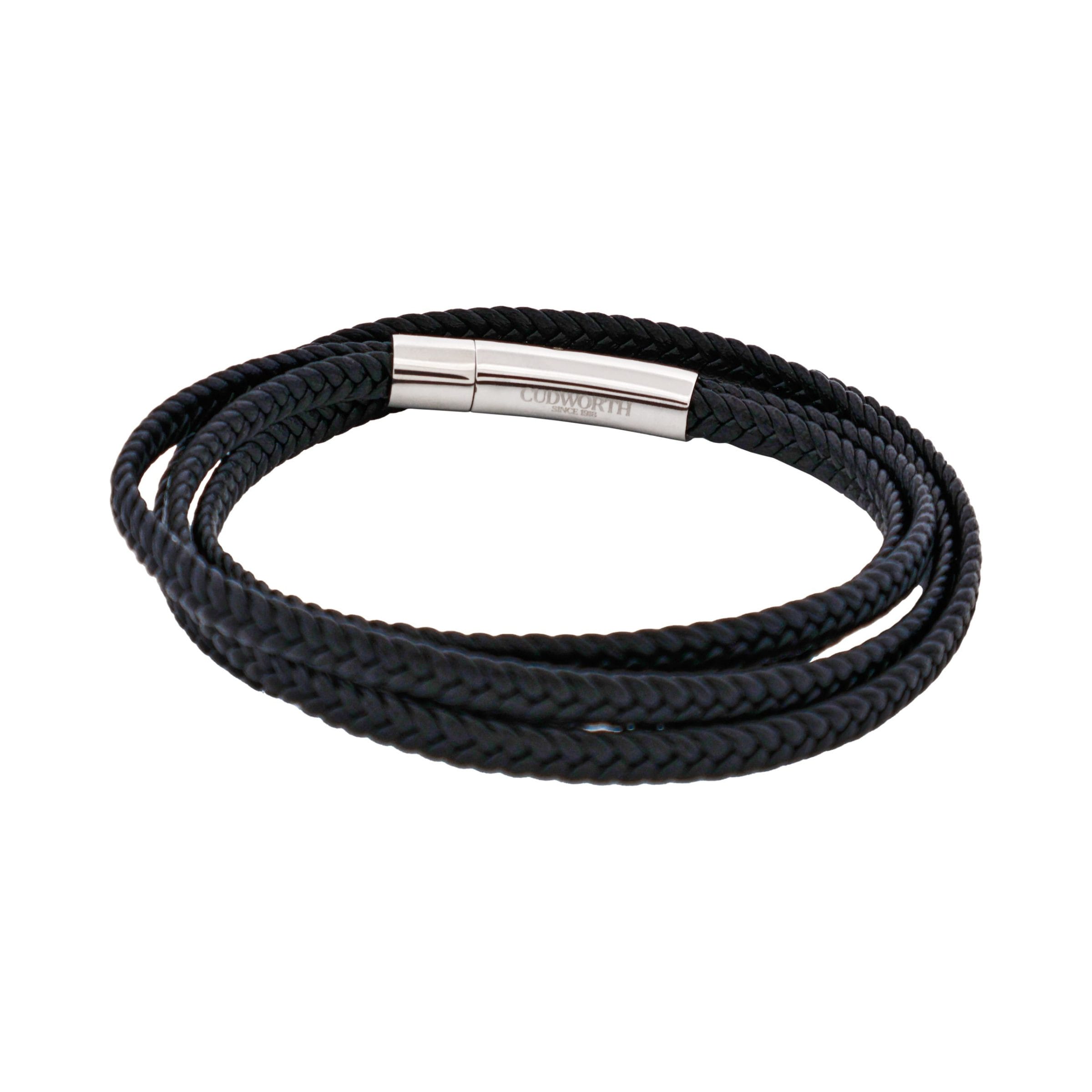 Stainless Steel & Black Leather Double Strand Bracelet