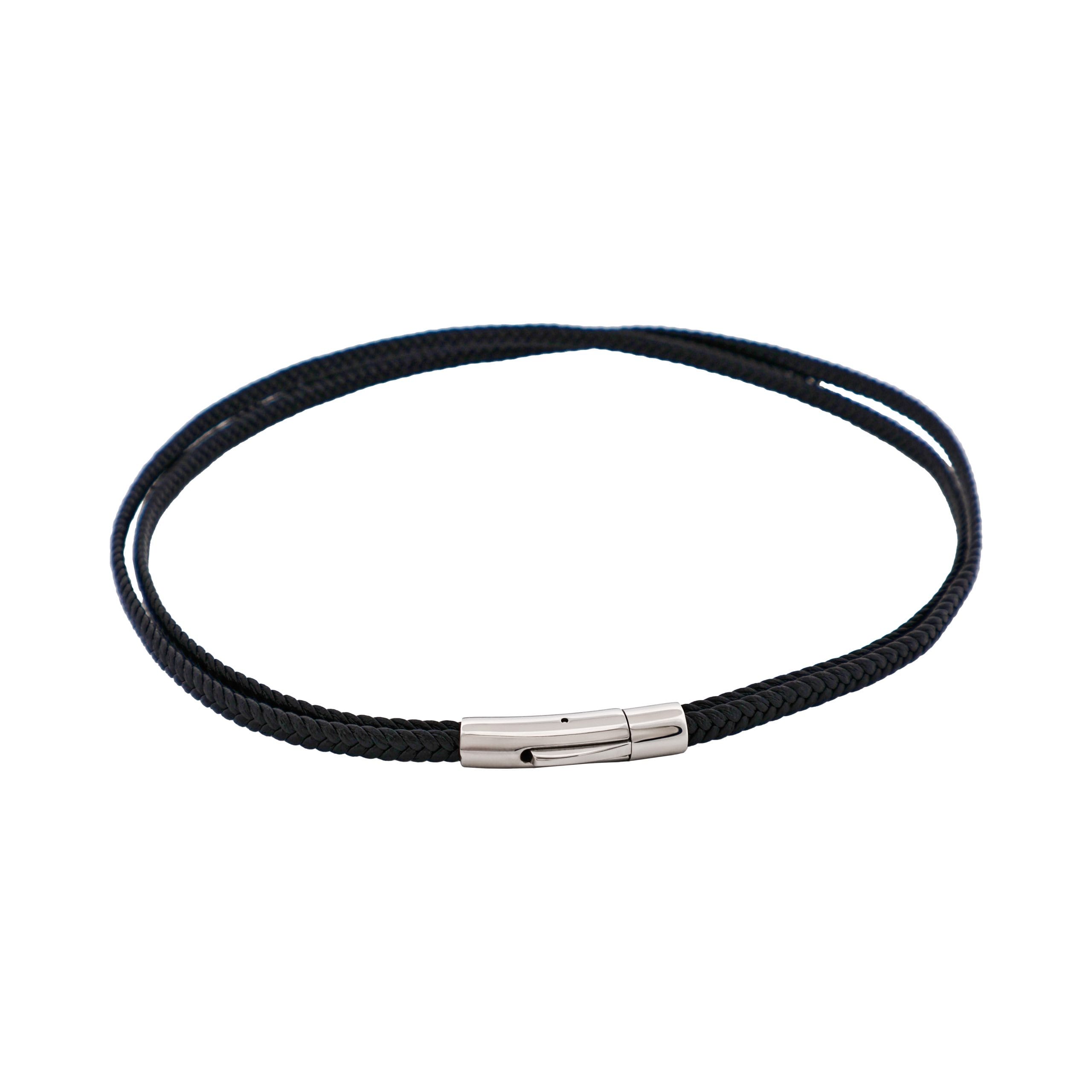 Stainless Steel & Black Leather Double Strand Bracelet