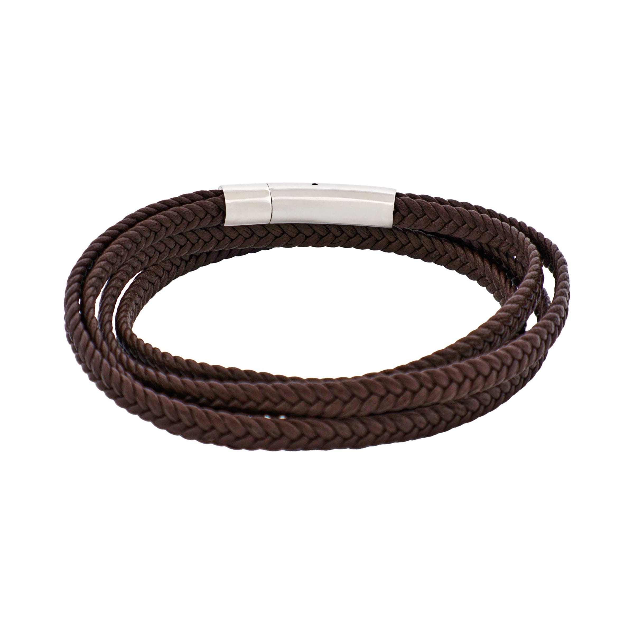 Stainless Steel & Brown Leather Double Strand Bracelet