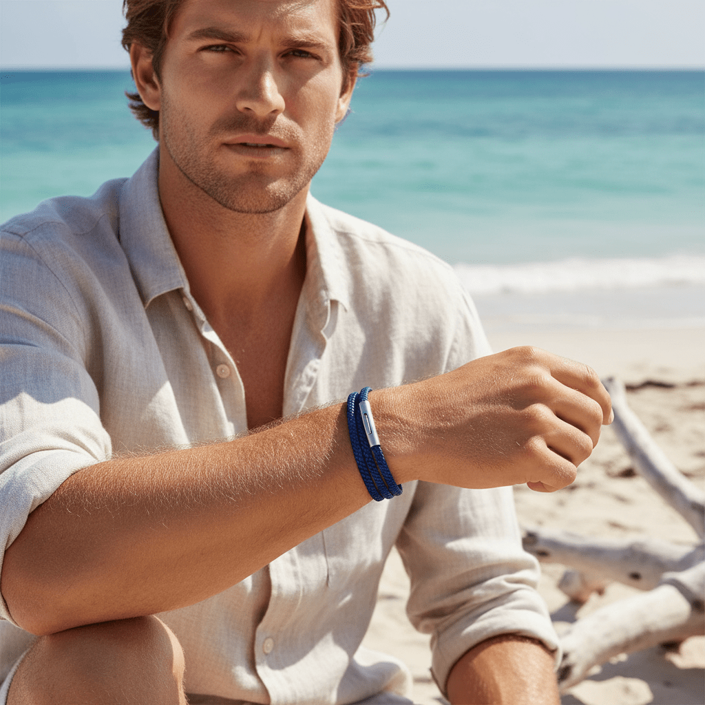 Stainless Steel & Blue Leather Double Strand Bracelet