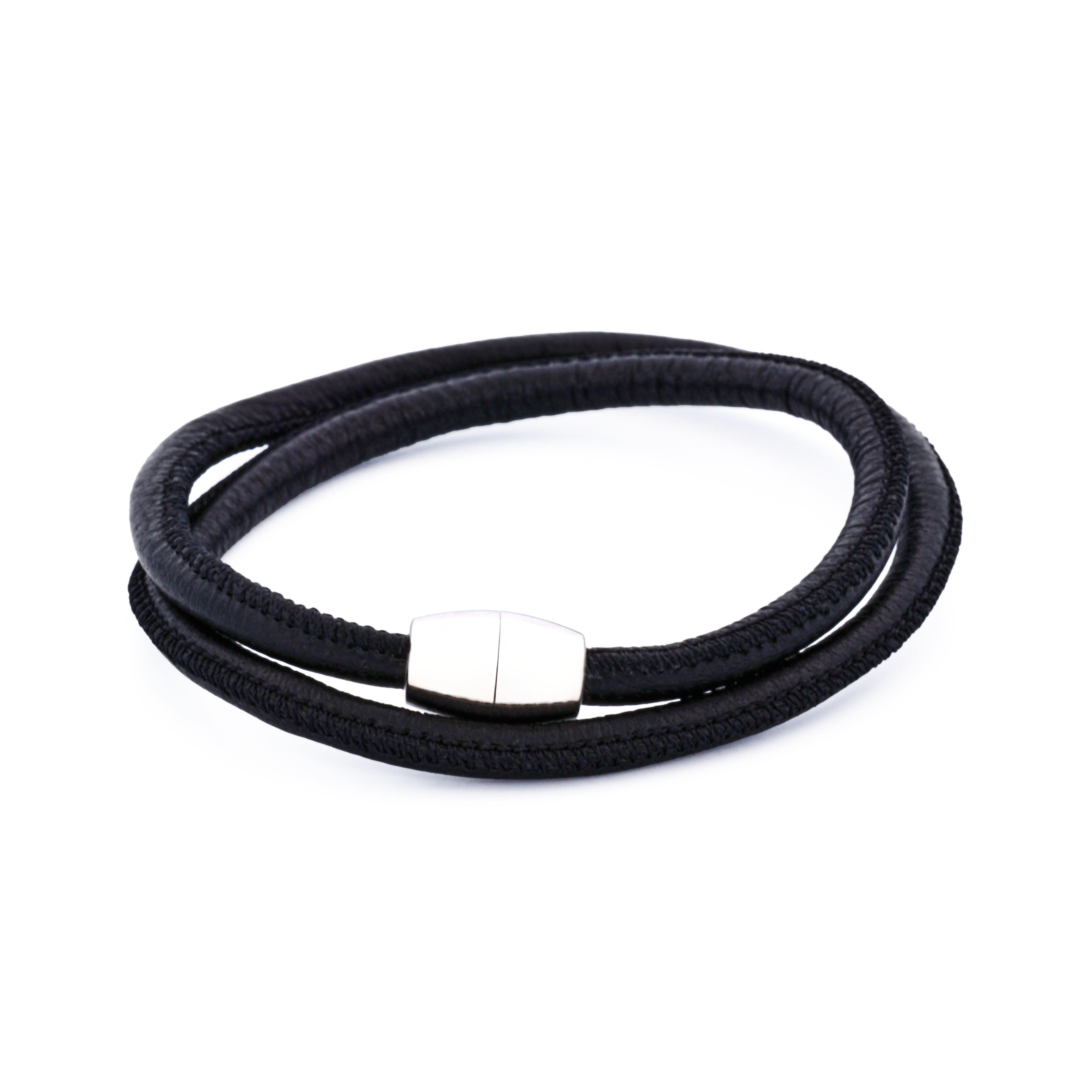 Black Lamb Leather Double wrap/Stainless Steel Bracelet