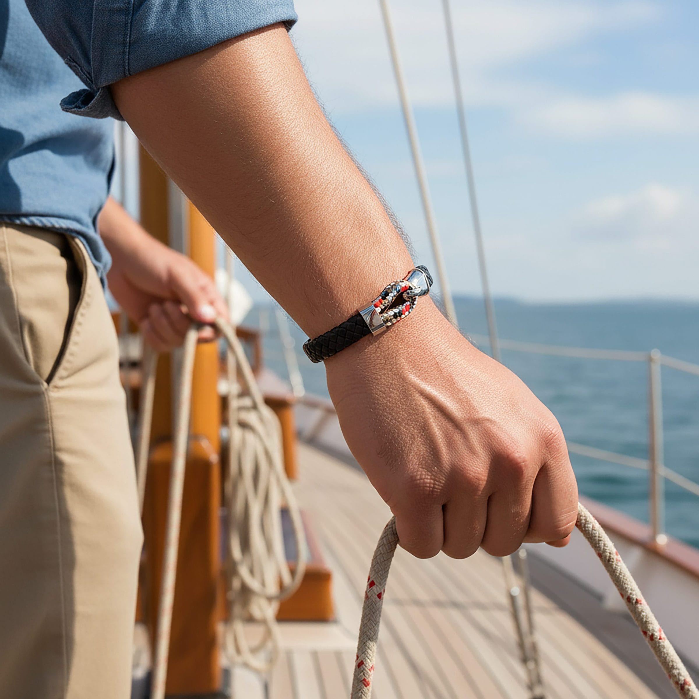 Stainless Steel & Black Leather Para-Cord Strap Bracelet