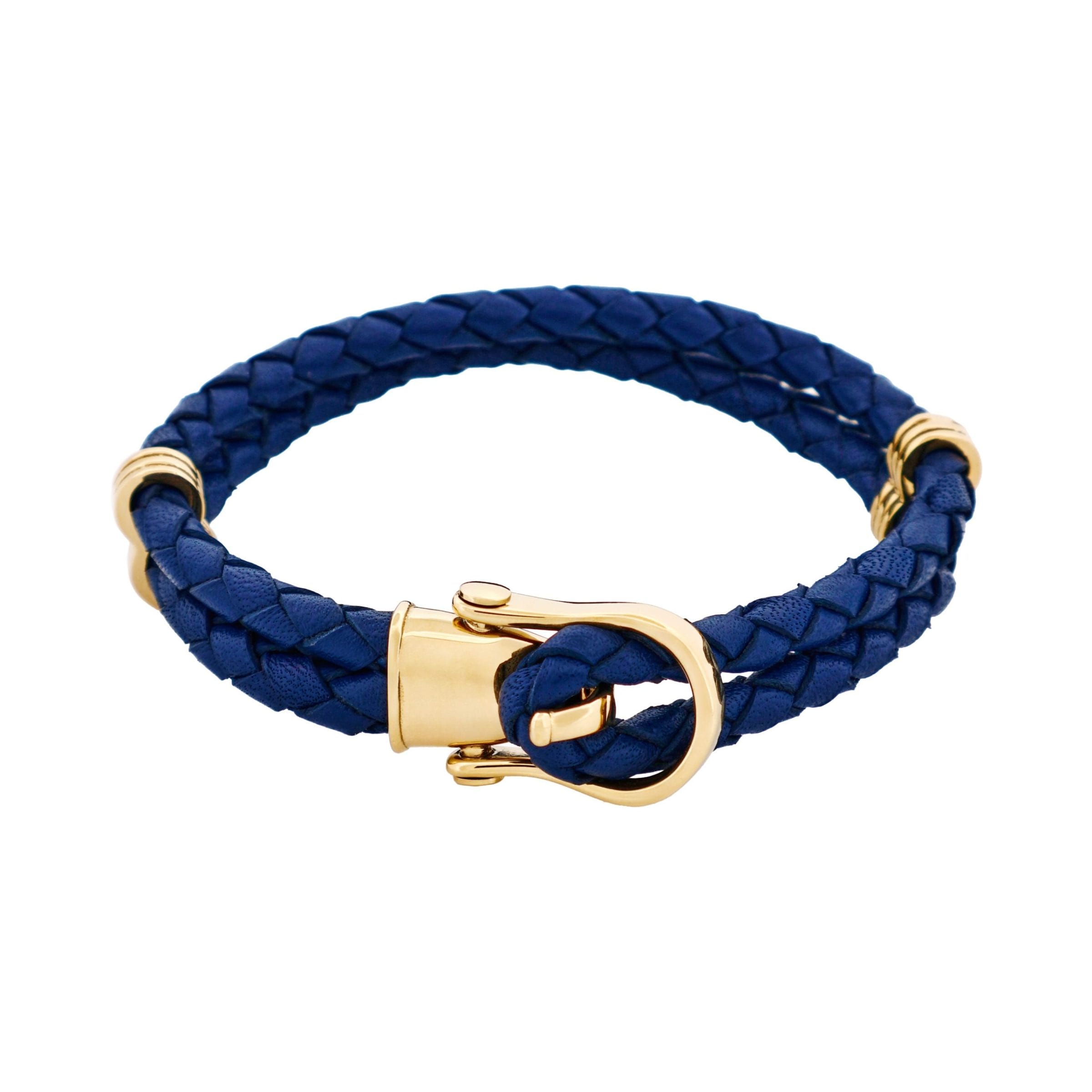 Ion Plated 14k Gold Stainless Steel Blue Leather Buckle Bracelet