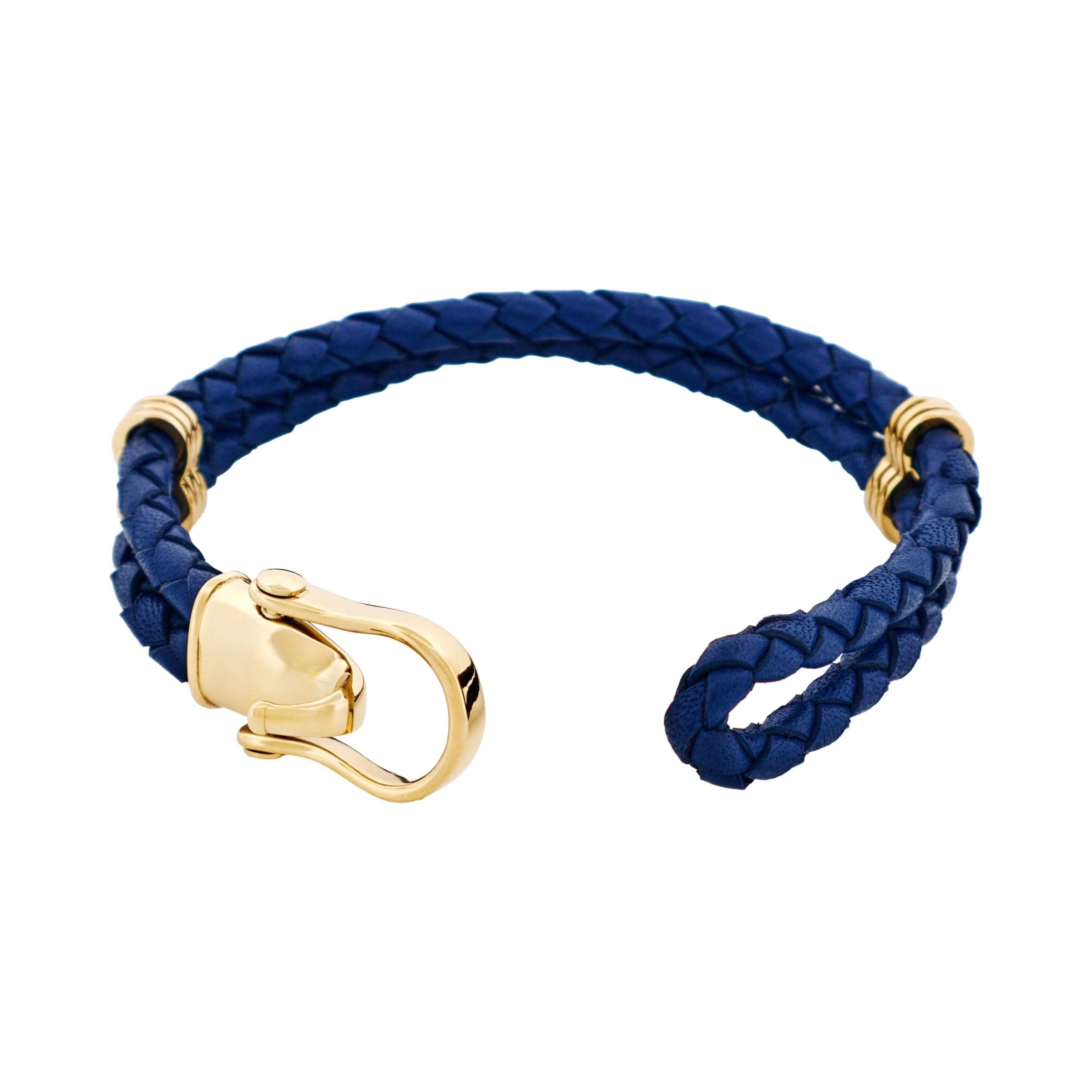 Ion Plated 14k Gold Stainless Steel Blue Leather Buckle Bracelet