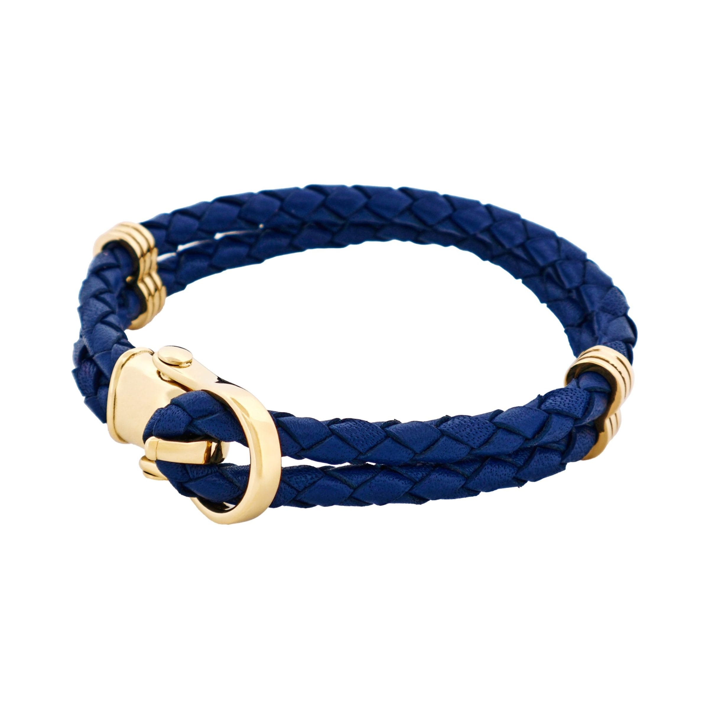 Ion Plated 14k Gold Stainless Steel Blue Leather Buckle Bracelet