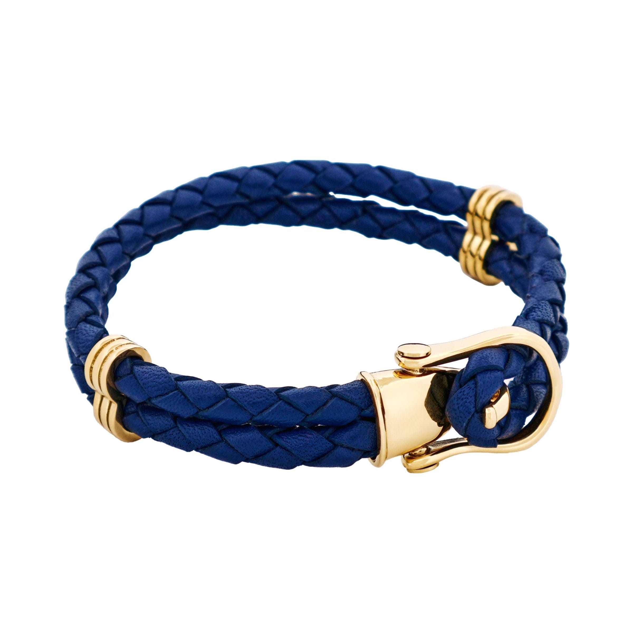 Ion Plated 14k Gold Stainless Steel Blue Leather Buckle Bracelet