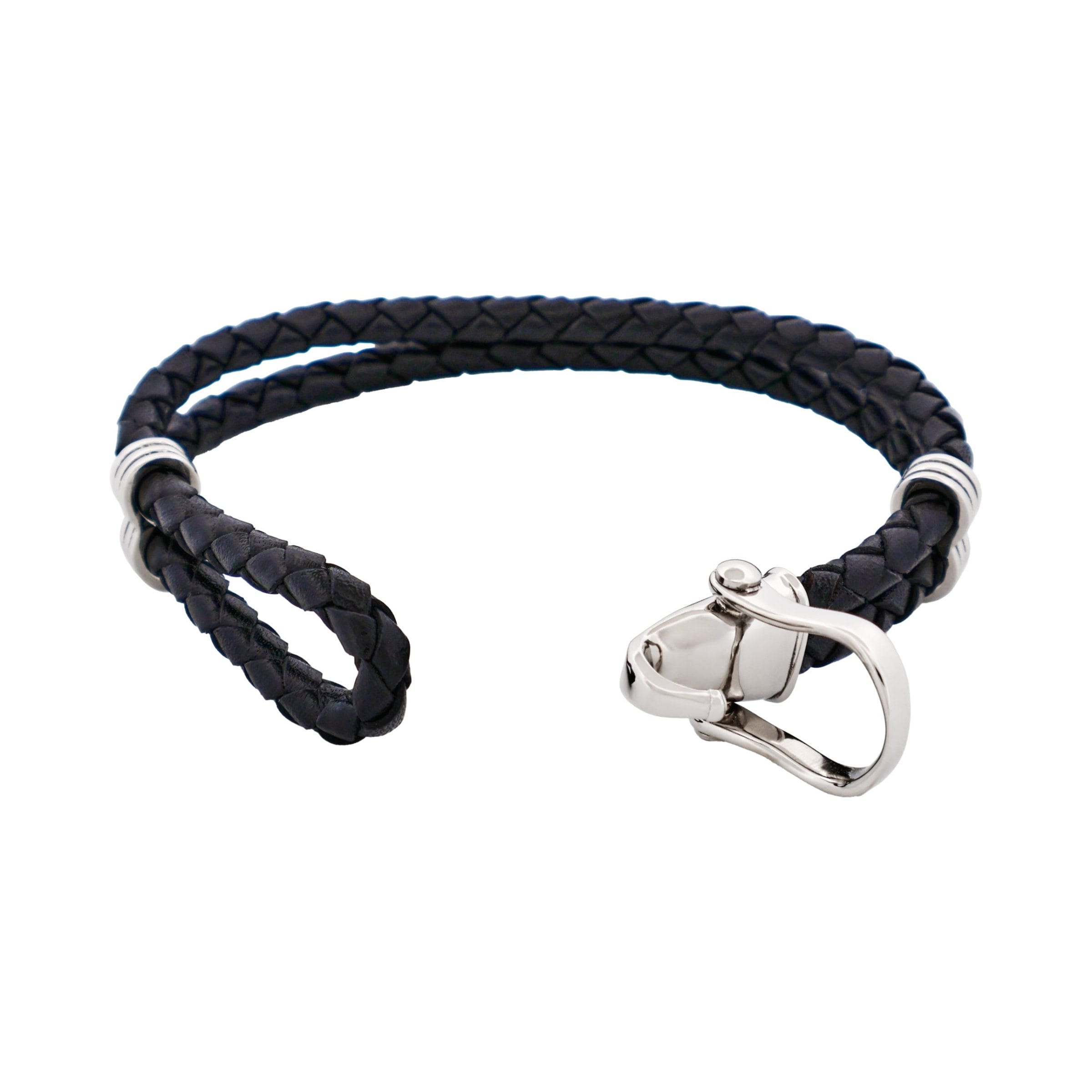 Polished Stainless Steel Buckle Black Leather Bracelet