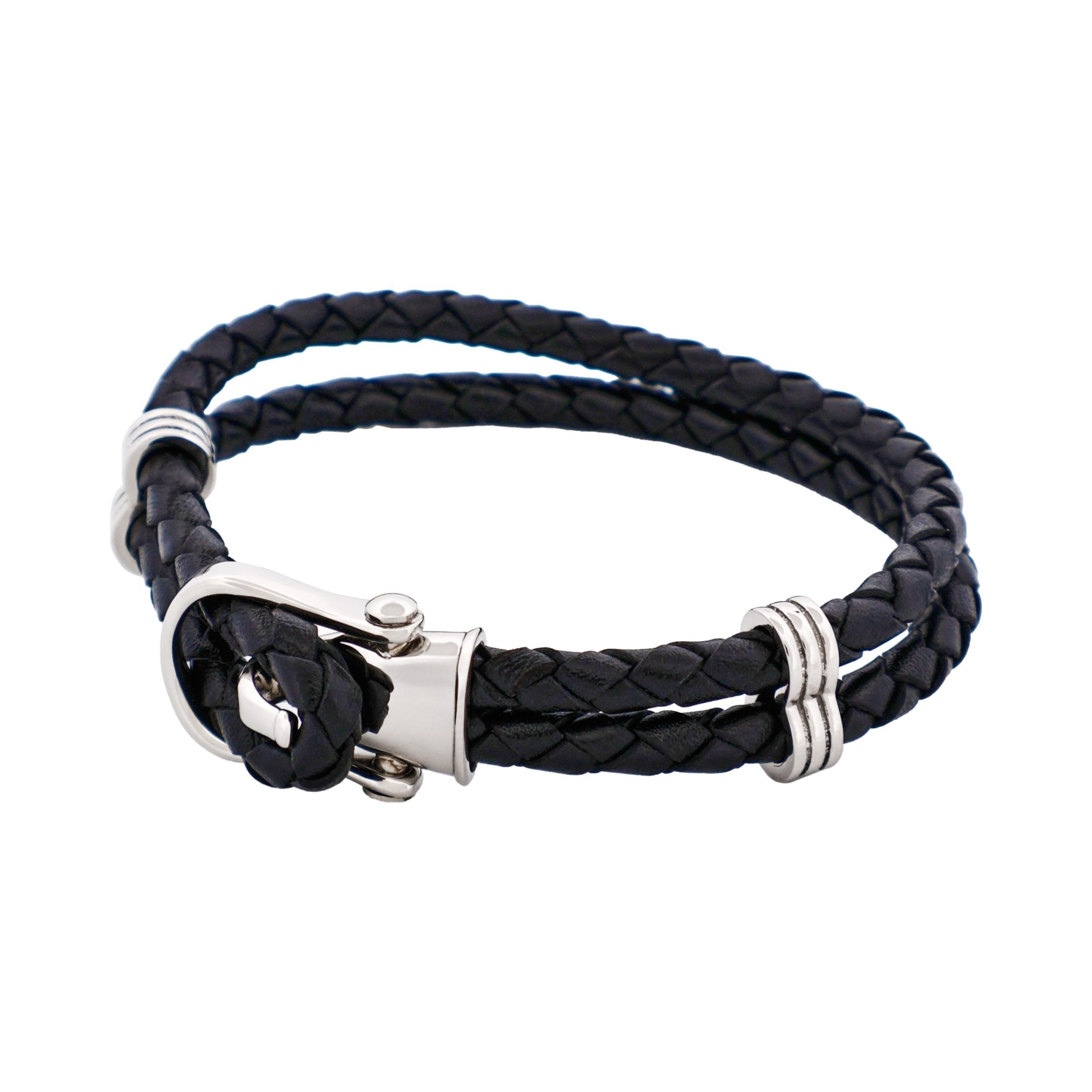 Polished Stainless Steel Buckle Black Leather Bracelet