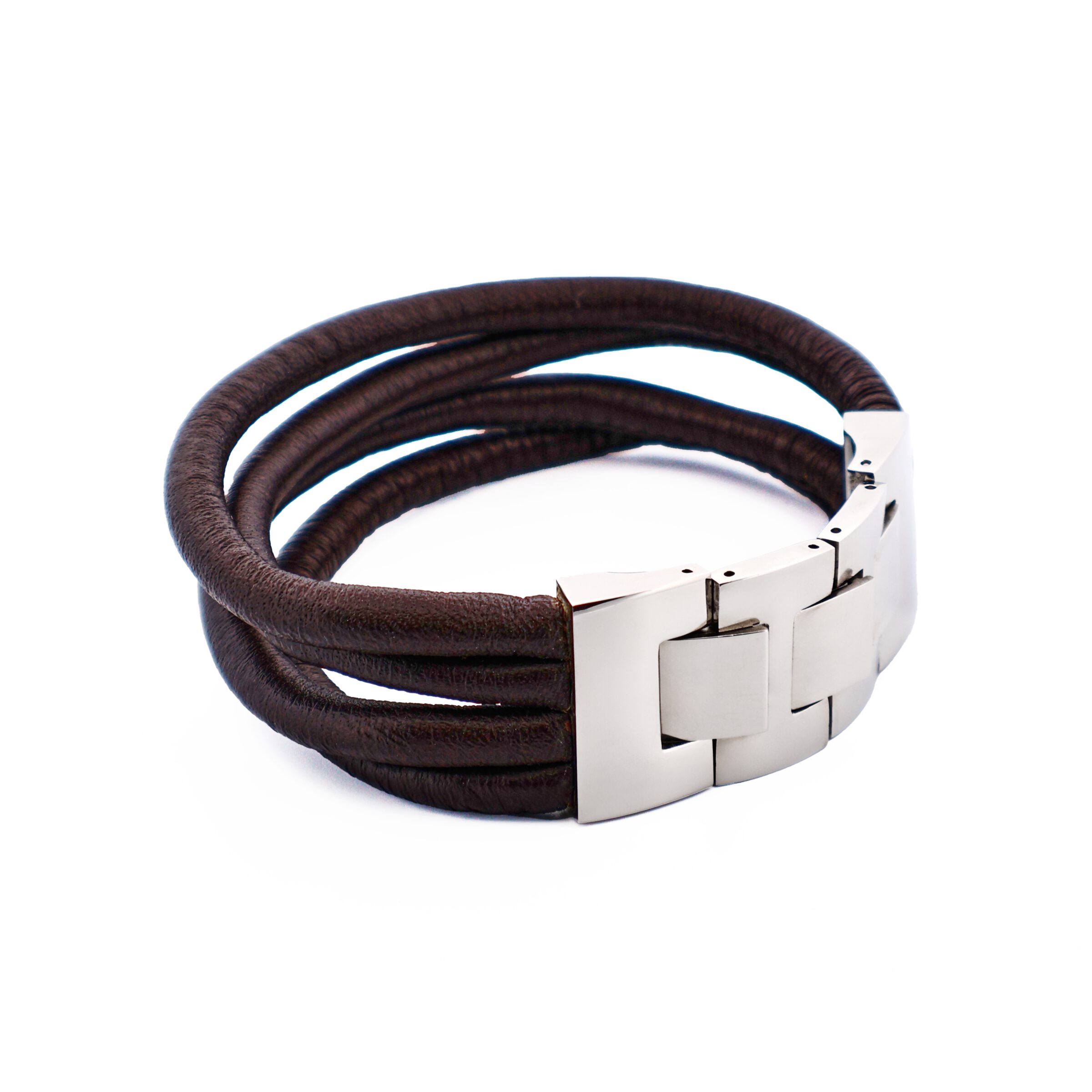 Multi Strand Brown Lamb Leather- Stainless Steel Bracelet