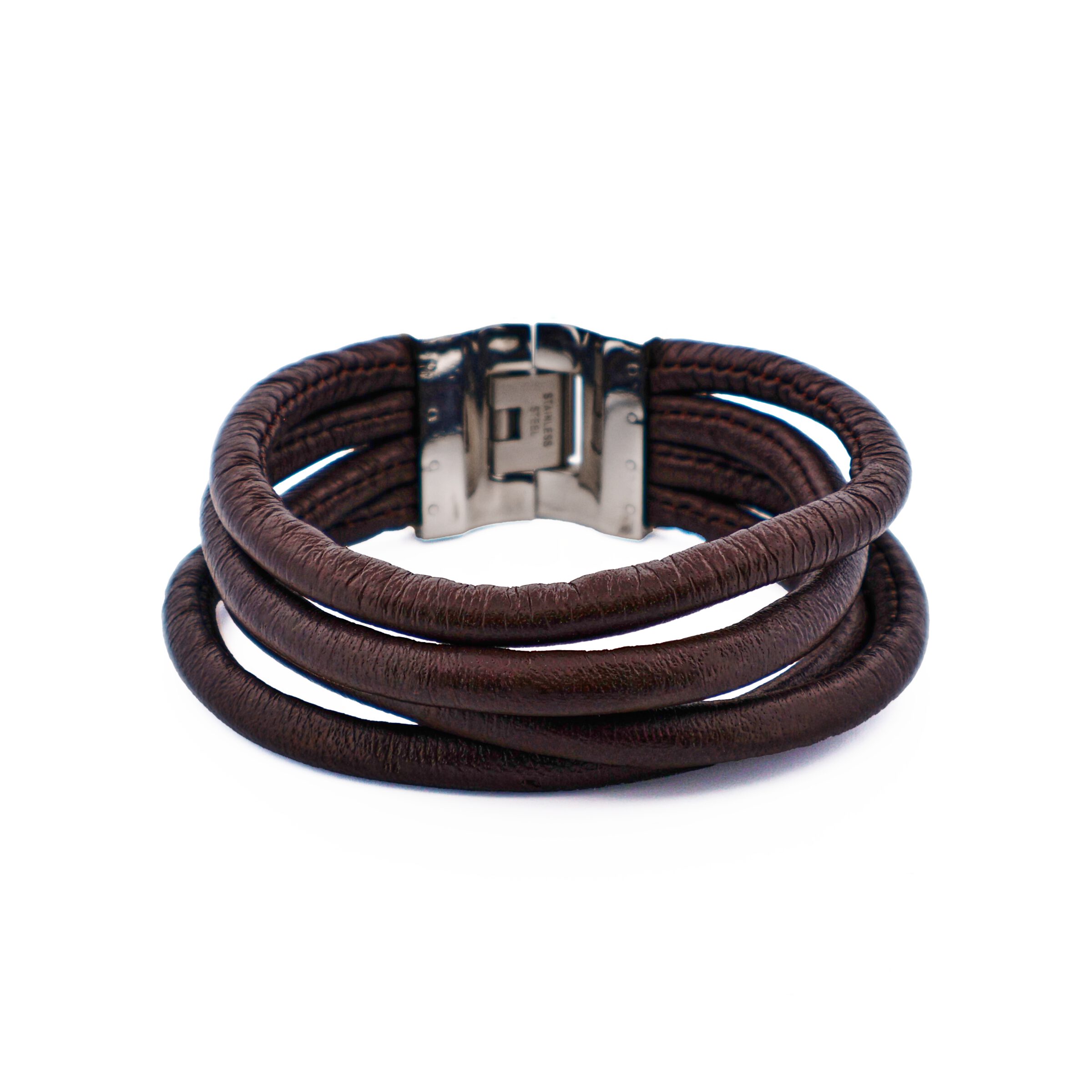 Multi Strand Brown Lamb Leather- Stainless Steel Bracelet