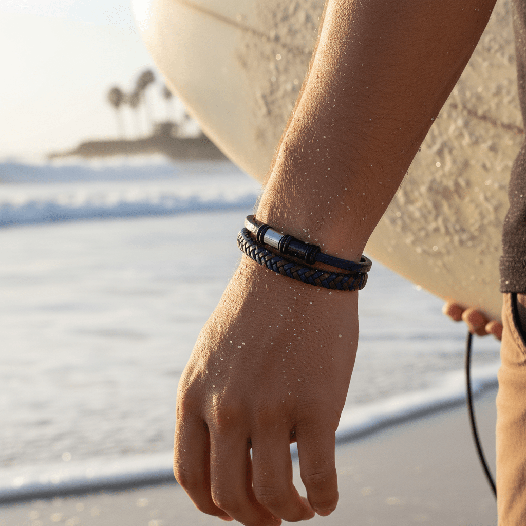 Matt Stainless steel with Dark Blue leather bracelet