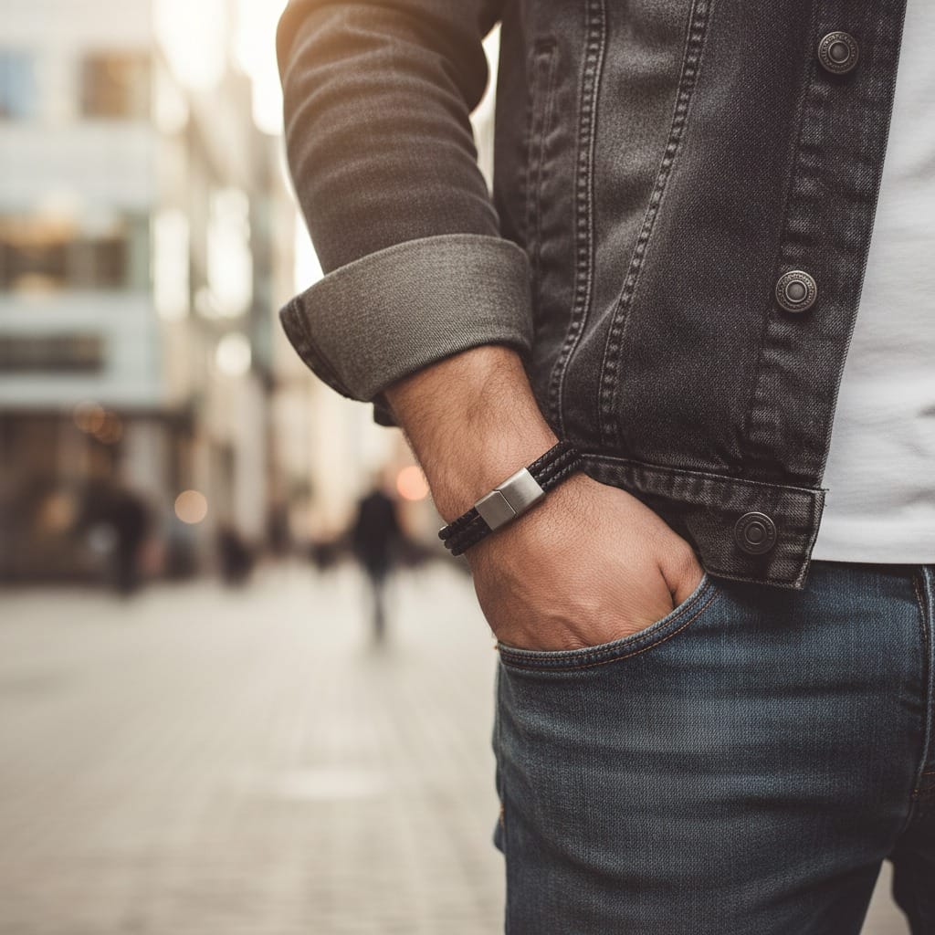 Matt Stainless steel Black leather rope bracelet