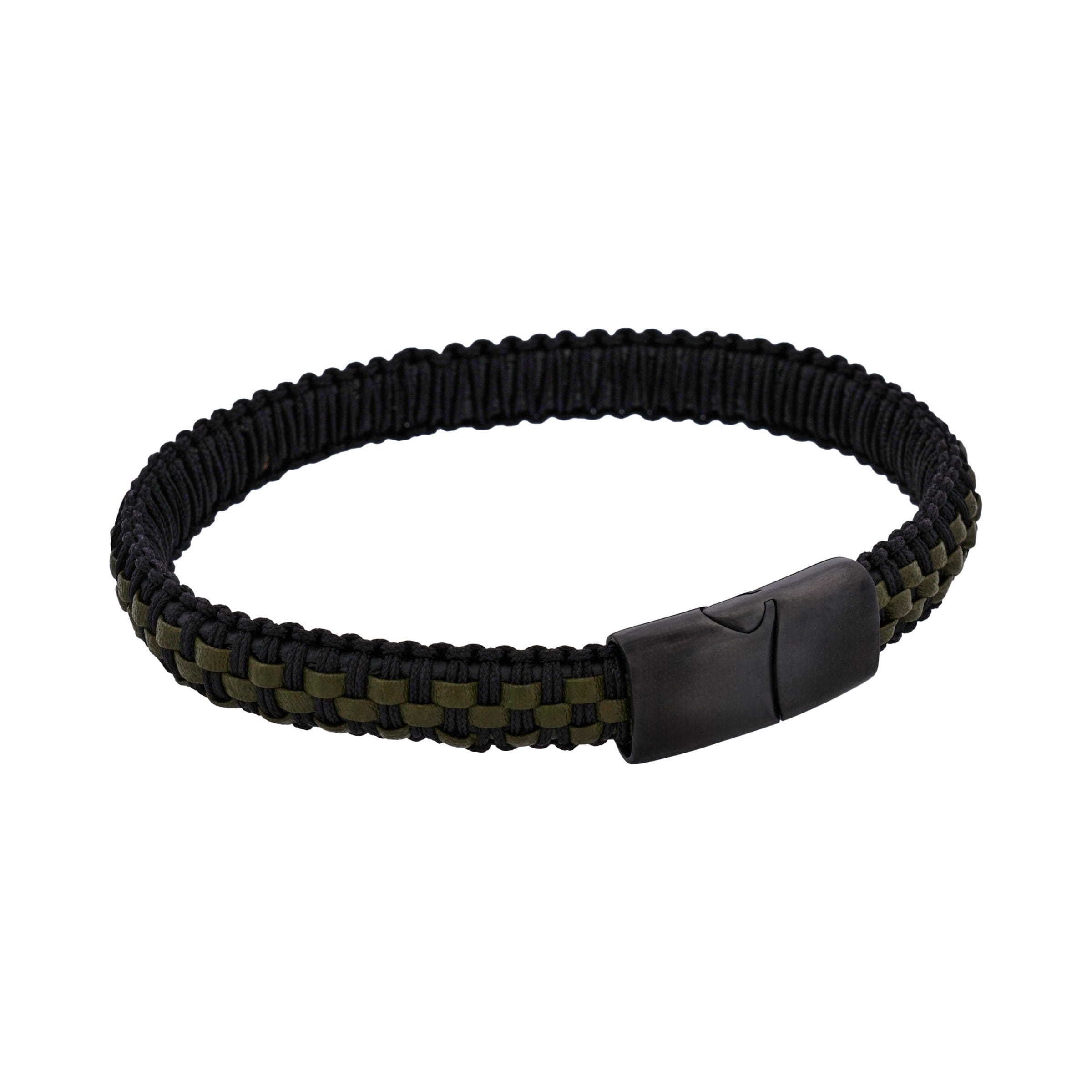 Stainless steel Ion Plated Black with Dark Green leather bracelet