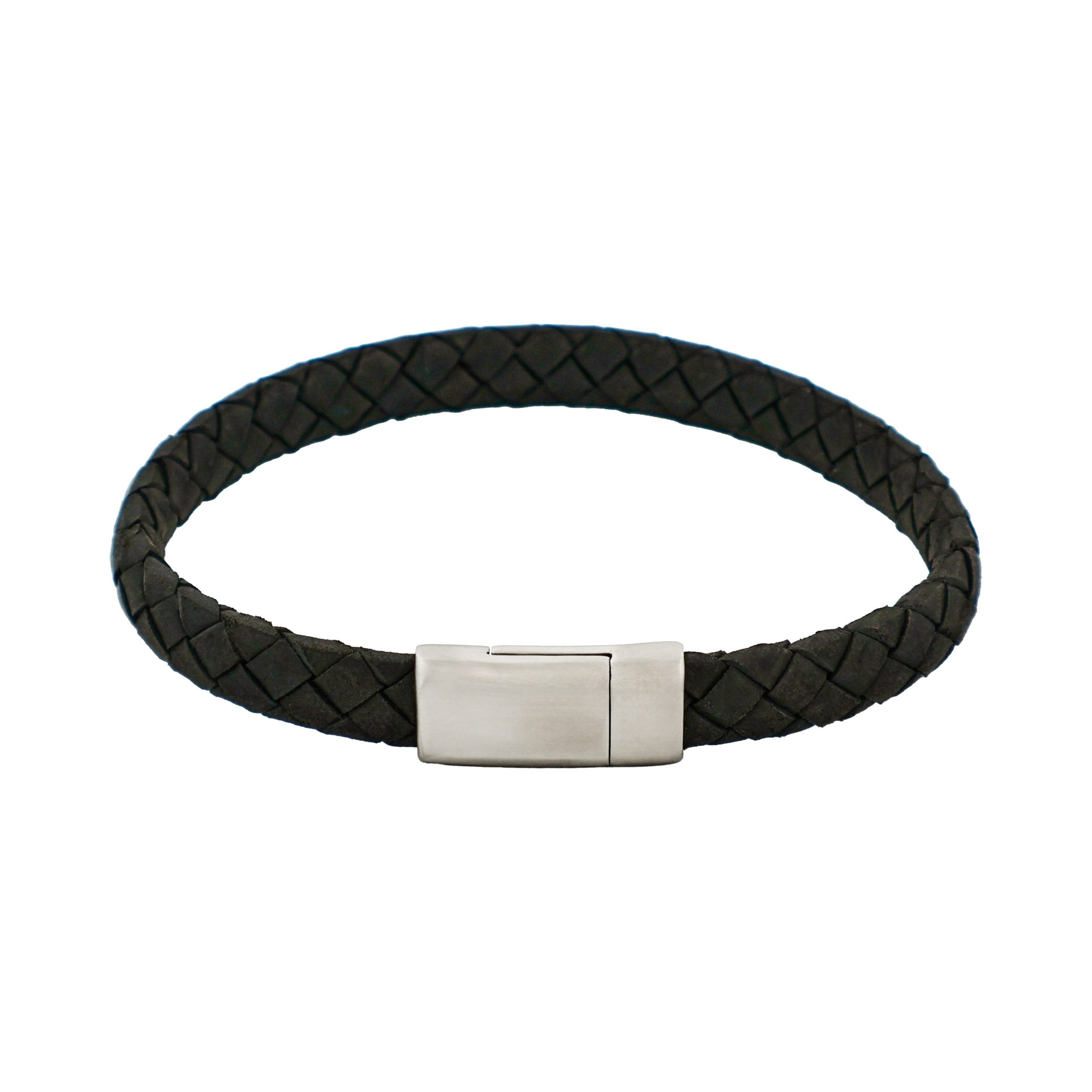 Thin Black Italian Leather & Stainless Steel Bracelet