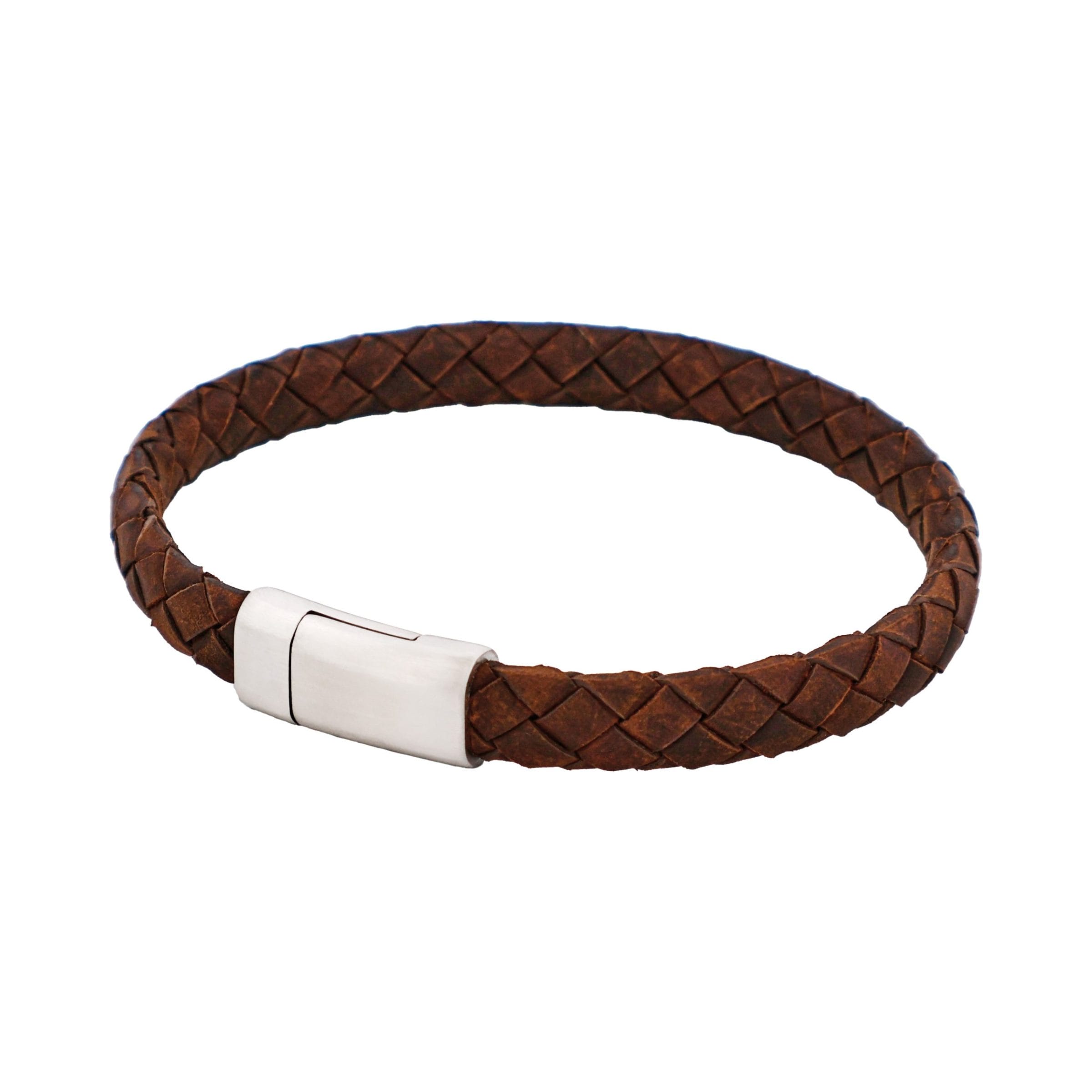 Thin Brown Italian Leather & Stainless Steel Bracelet
