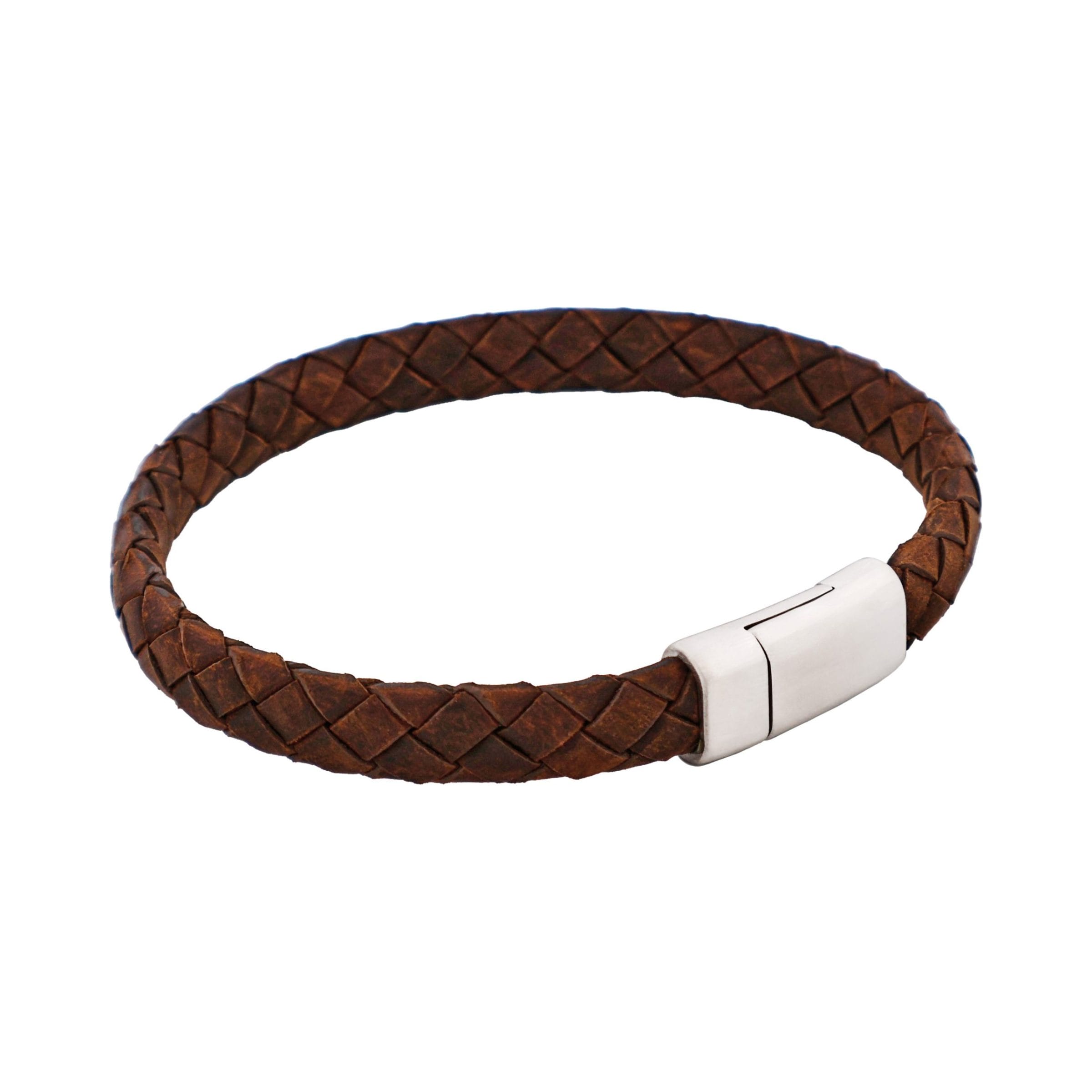 Thin Brown Italian Leather & Stainless Steel Bracelet