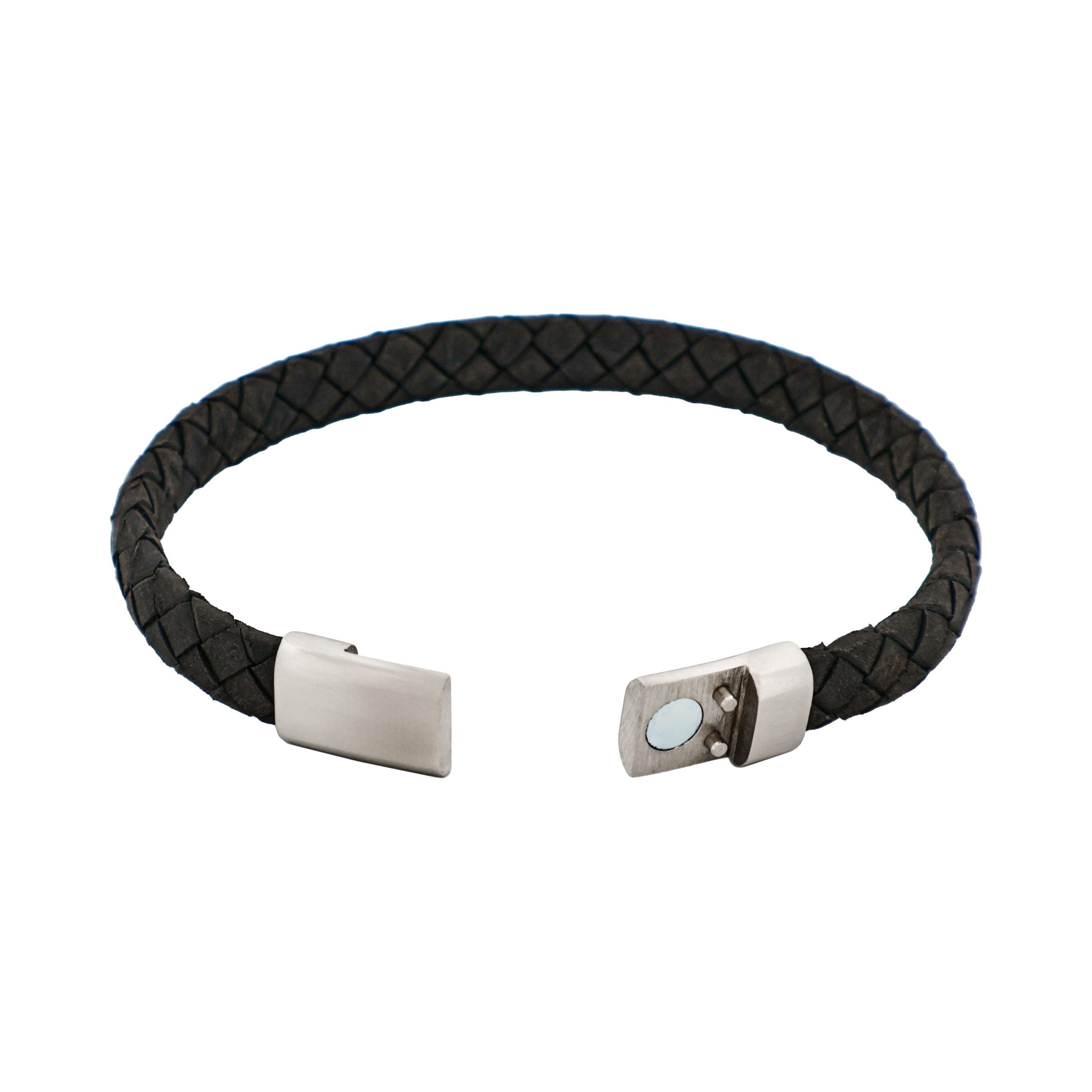 Thin Black Italian Leather & Stainless Steel Bracelet