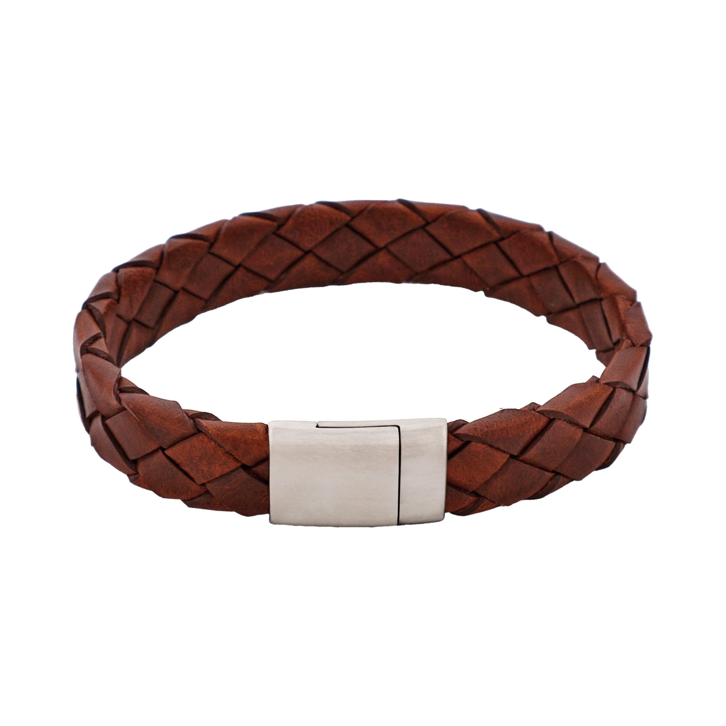 Burnished Cognac Leather Stainless Steel Bracelet 21.5cm