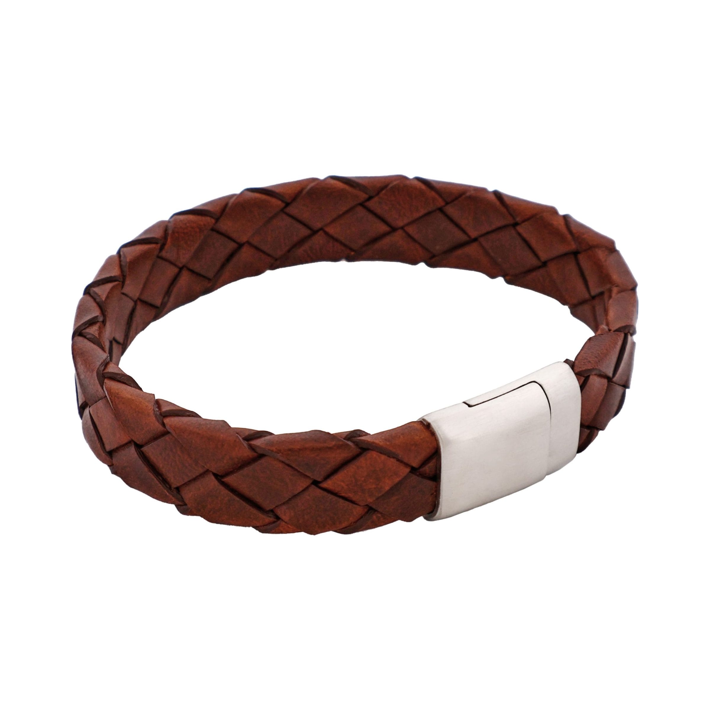 Burnished Cognac Leather Stainless Steel Bracelet 21.5cm