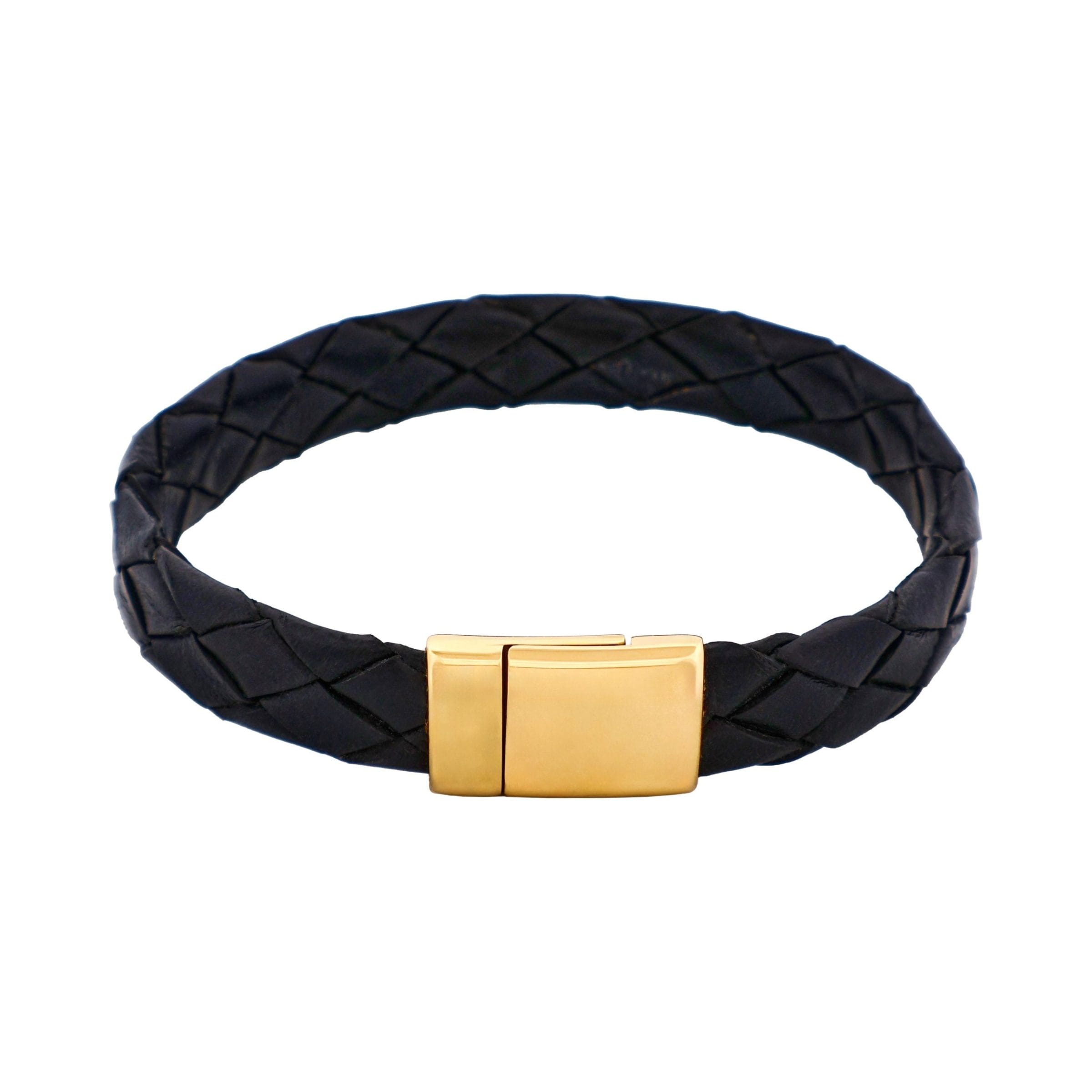 Ip14k Gold Stainless Steel & Black Calf Leather Bracelet