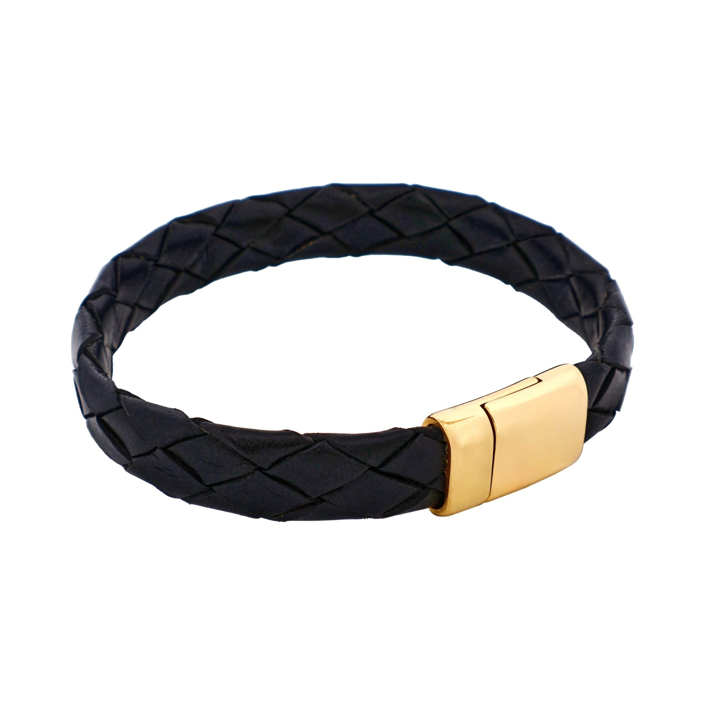 Ip14k Gold Stainless Steel & Black Calf Leather Bracelet