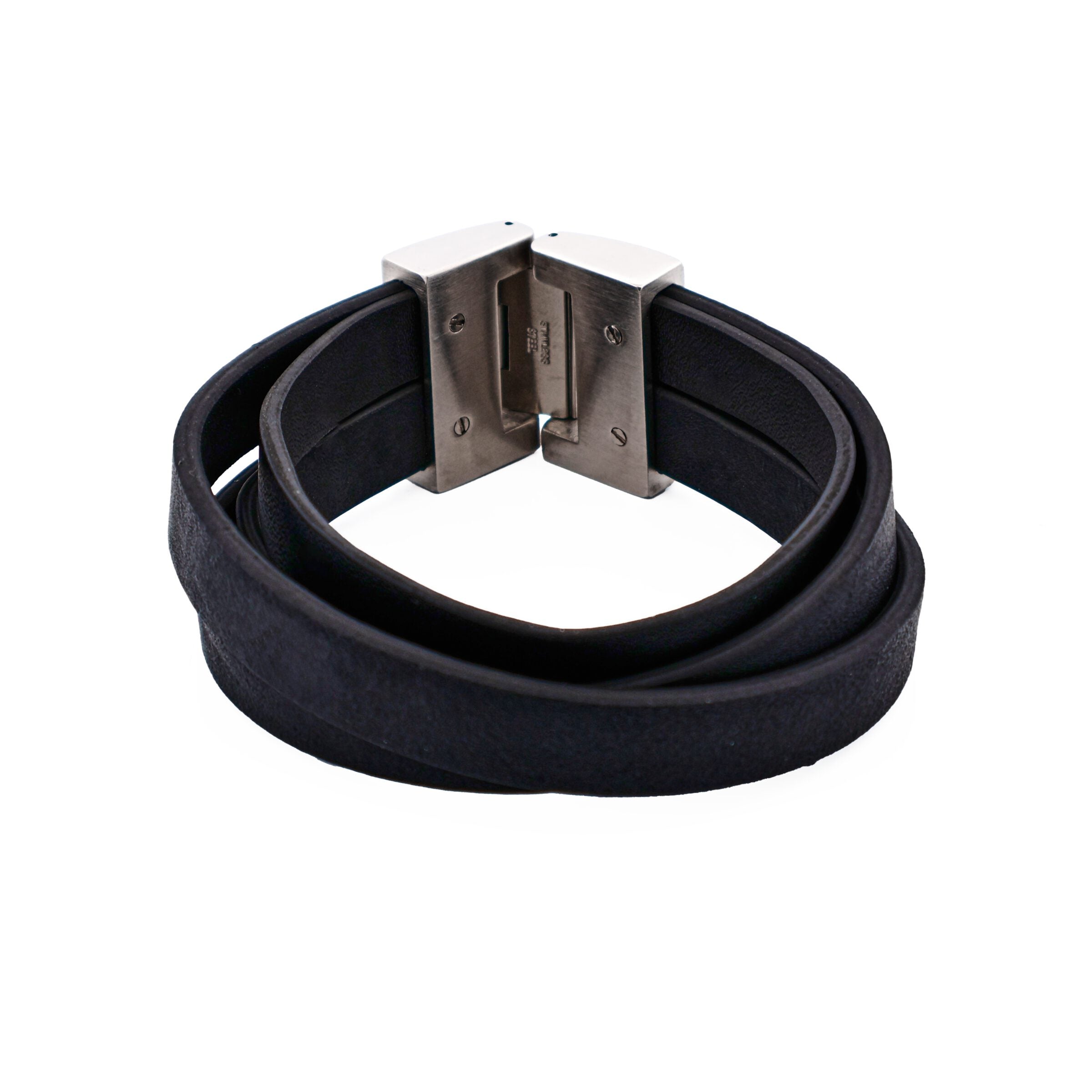 Thick Black Leather Multi Strand & Stainless Steel Bracelet